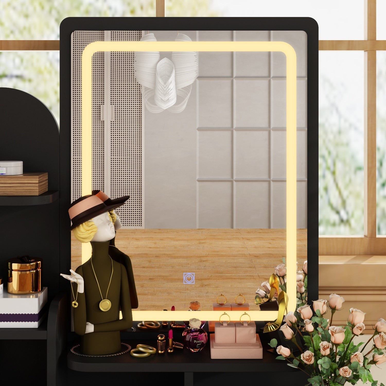 Coiffeuse avec éclairage LED, miroir et tabouret