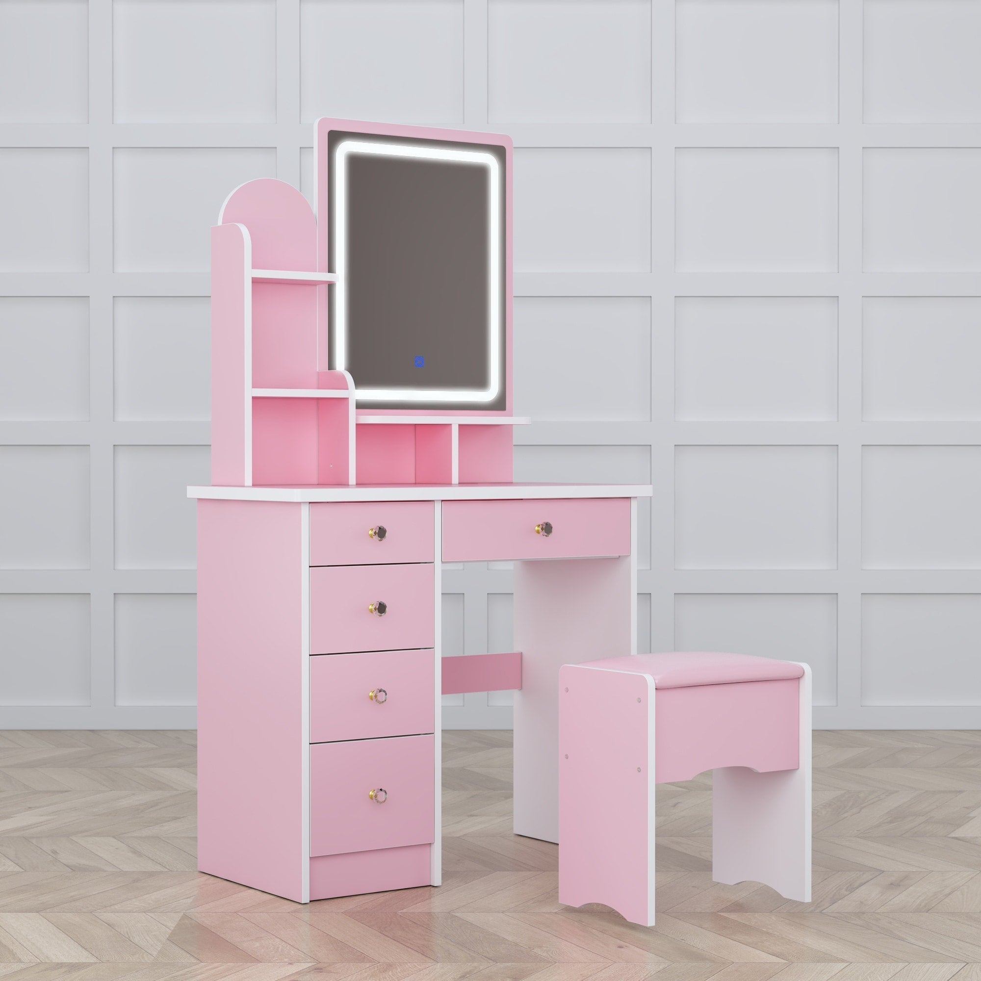 Coiffeuse avec éclairage LED, miroir et tabouret