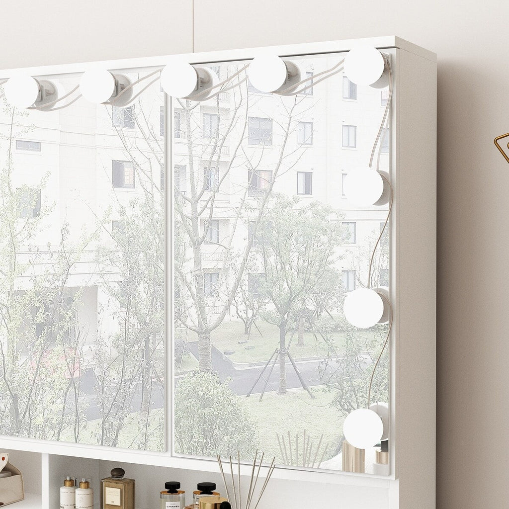 Coiffeuse avec miroir à trois volets et éclairage certifié, plateau en verre