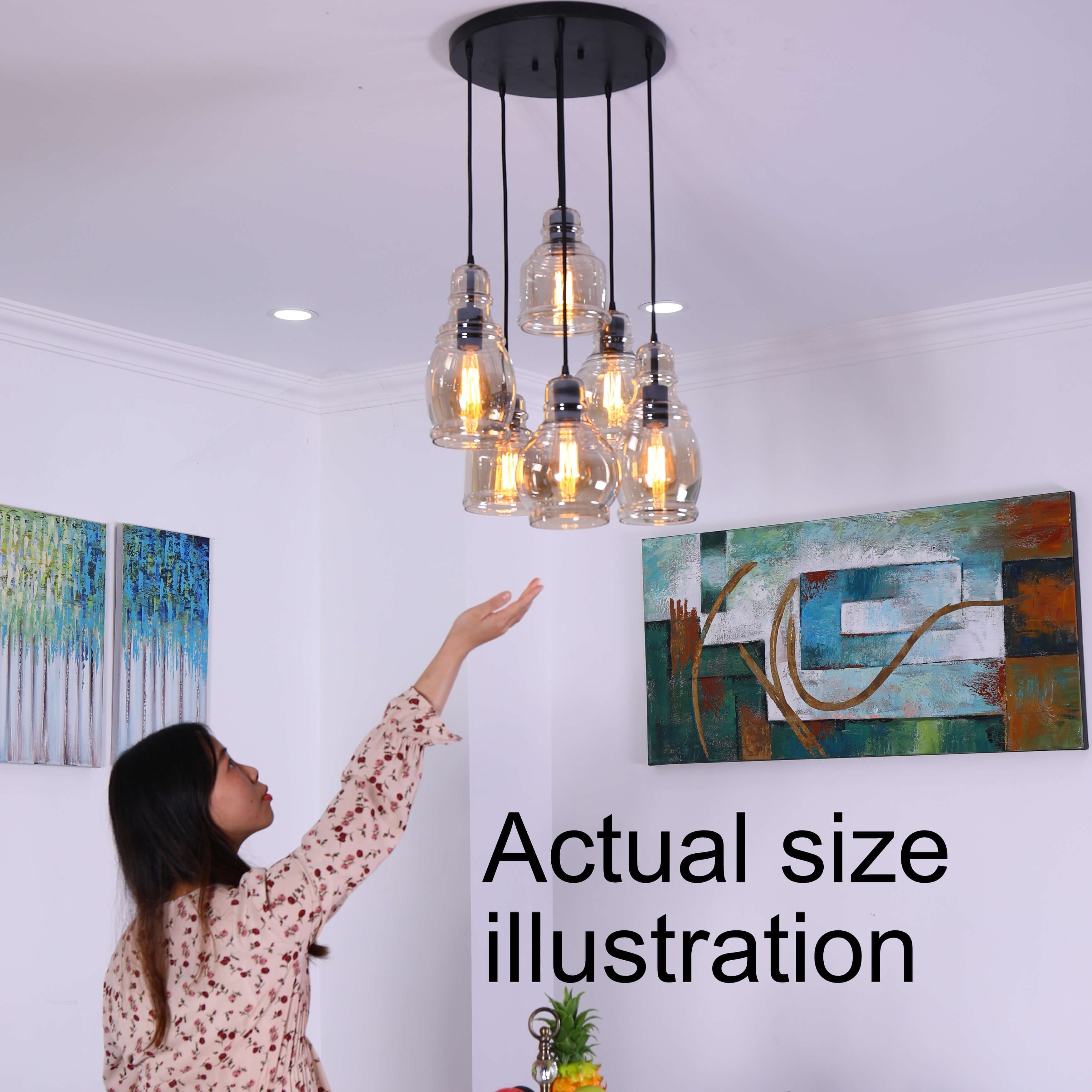 Suspension Mariana à 6 lumières en verre cognac noir antique et base ronde