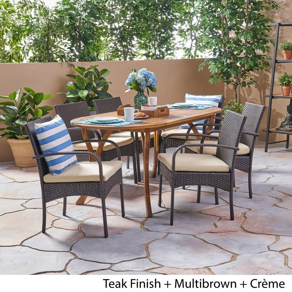 Mason Outdoor 7 Piece Acacia Wood and Wicker Dining Set by Christopher Knight Home