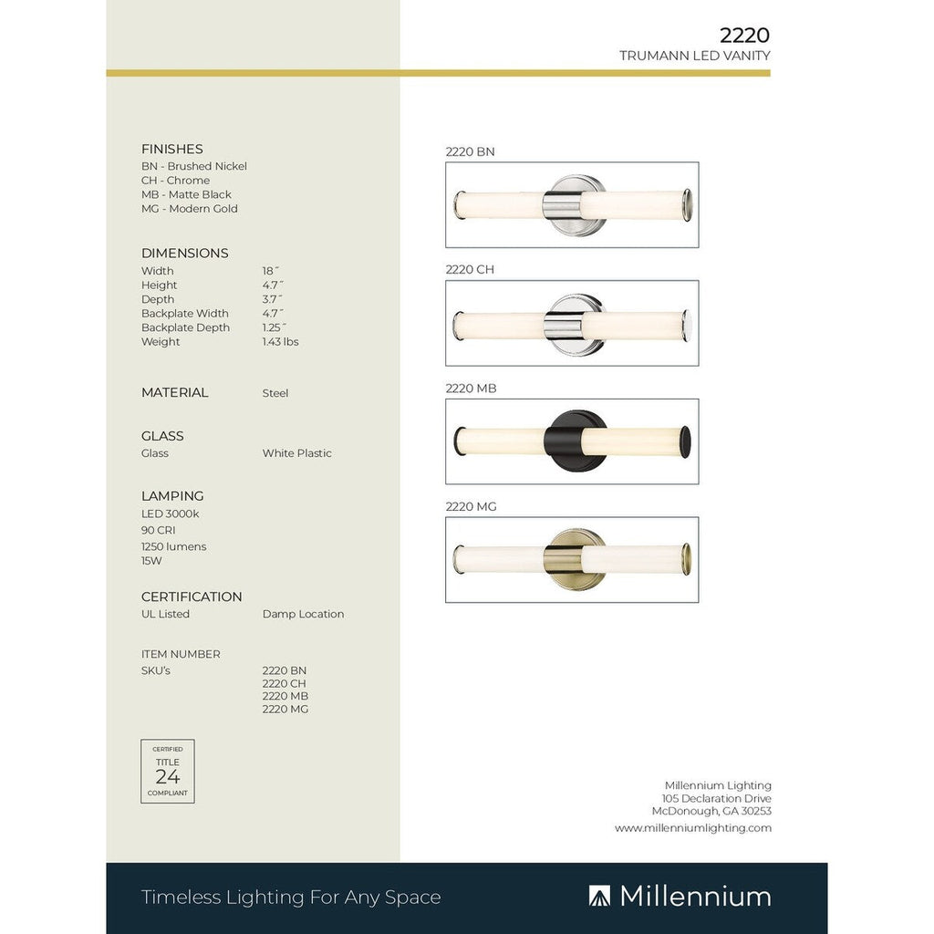 Millennium Lighting Truman LED Bathroom Vanity Fixture in Multiple Finishes