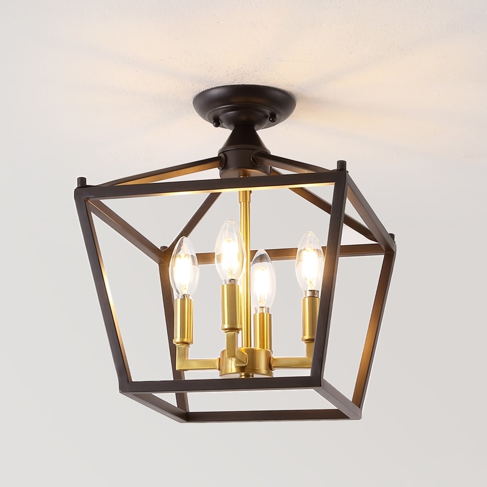 Milton Mini Lantern 4-Light Iron Modern Farmhouse LED Flush Mount, by JONATHAN Y