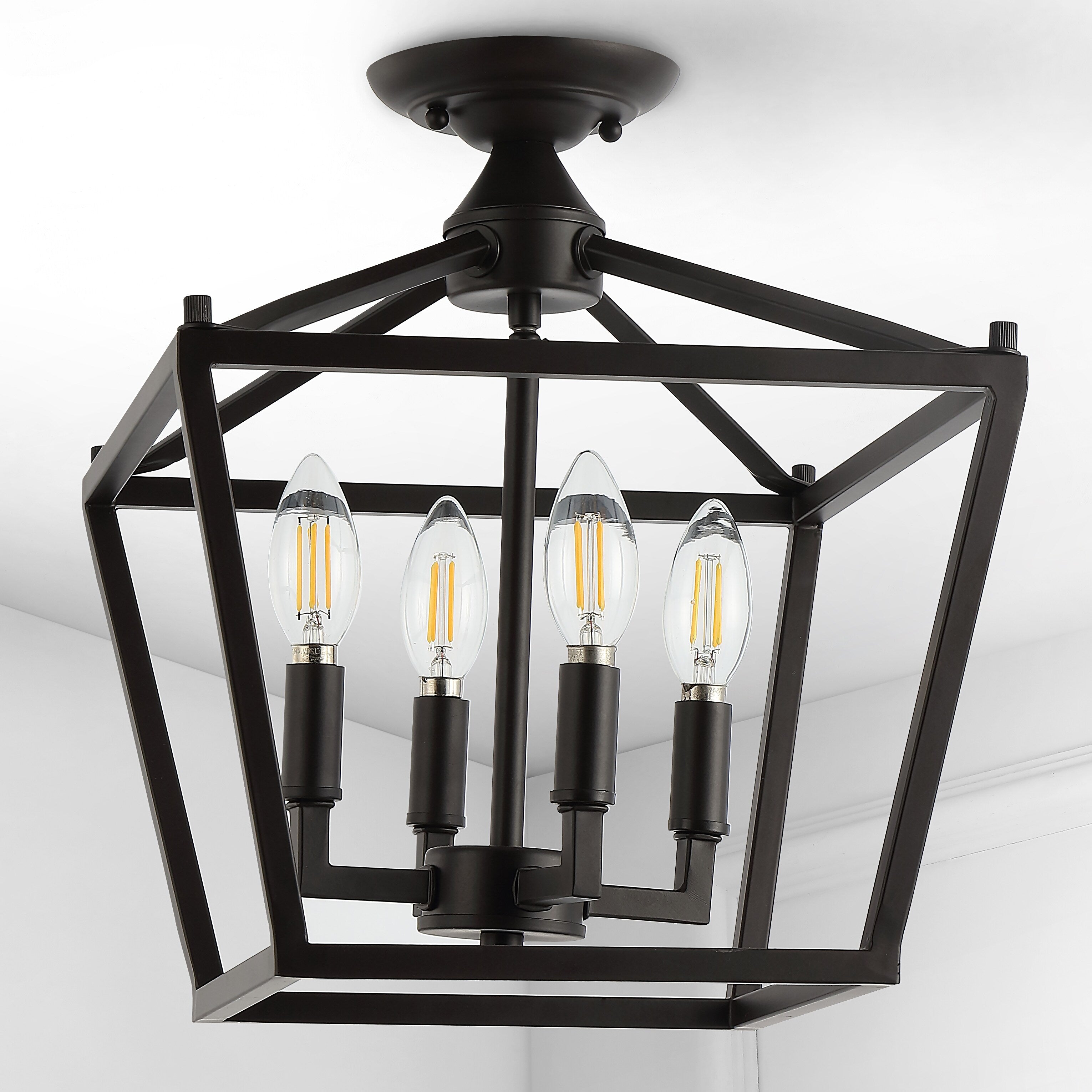 Milton Mini Lantern 4-Light Iron Modern Farmhouse LED Flush Mount, by JONATHAN Y