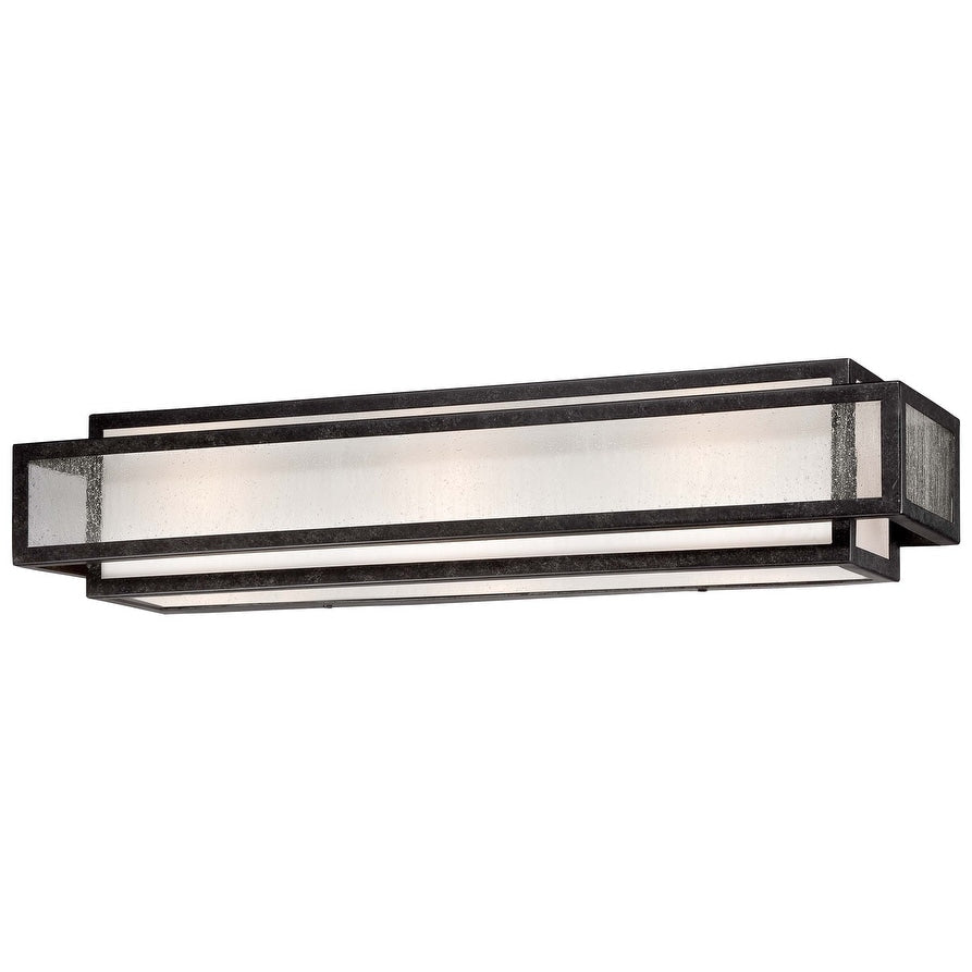 Barre de salle de bain carrée Lavery Camden, 3 lumières, en charbon de bois vieilli et verre grainé