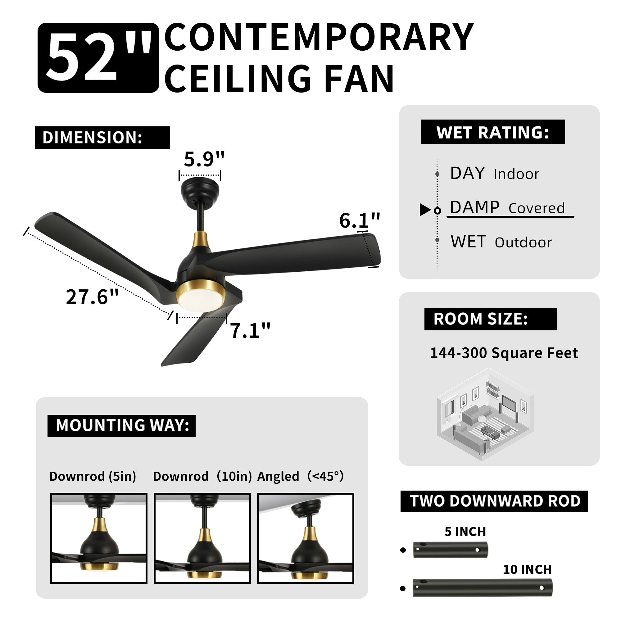 Moasis 52 Modern Remote Control Ceiling Fan with Lights and 5 Solid Wood Blades