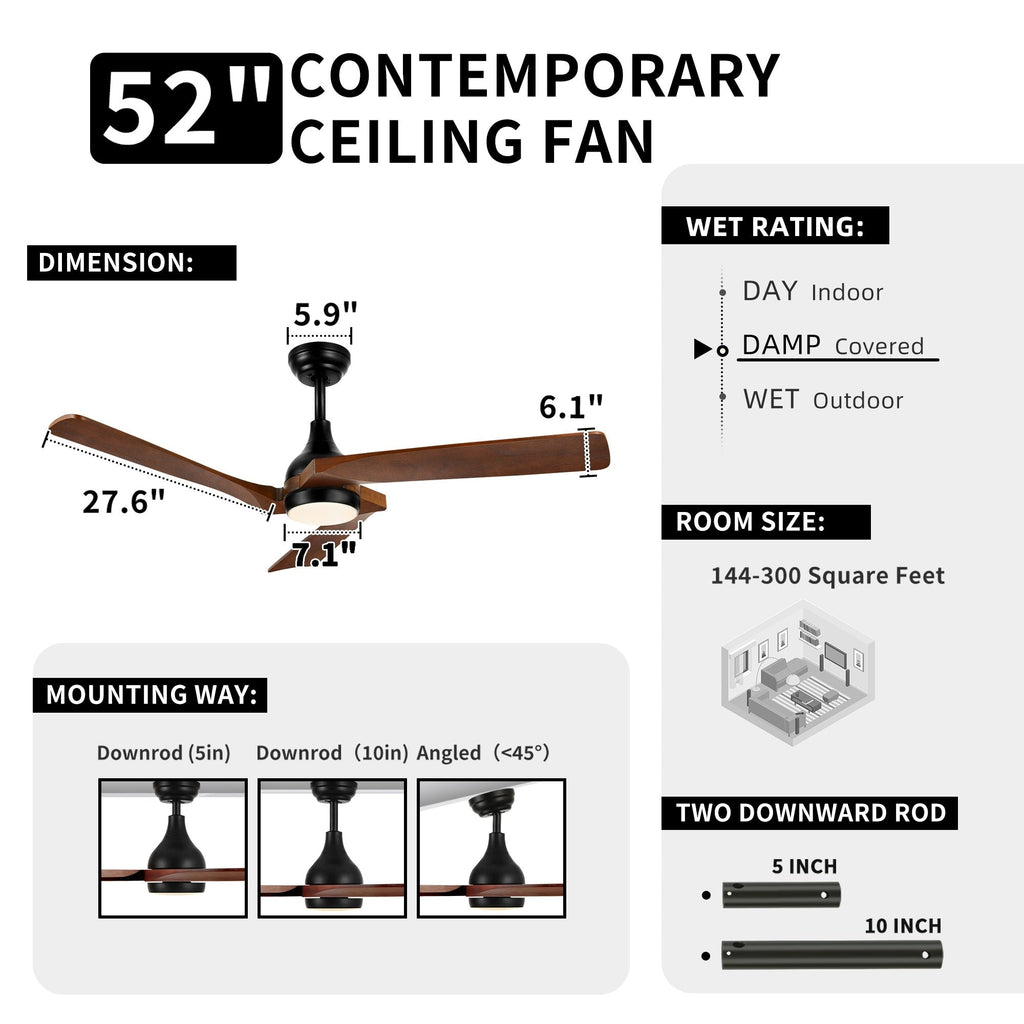 Moasis 52 Modern Remote Control Ceiling Fan with Lights and 5 Solid Wood Blades