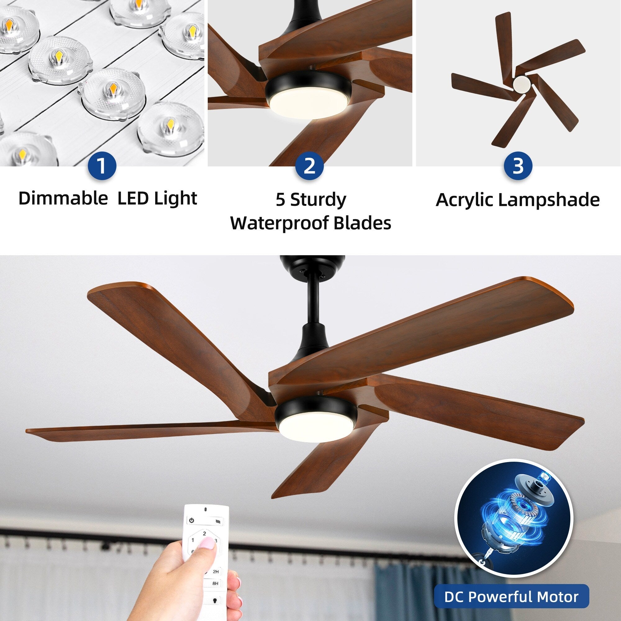 Moasis 52 Modern Remote Control Ceiling Fan with Lights and 5 Solid Wood Blades