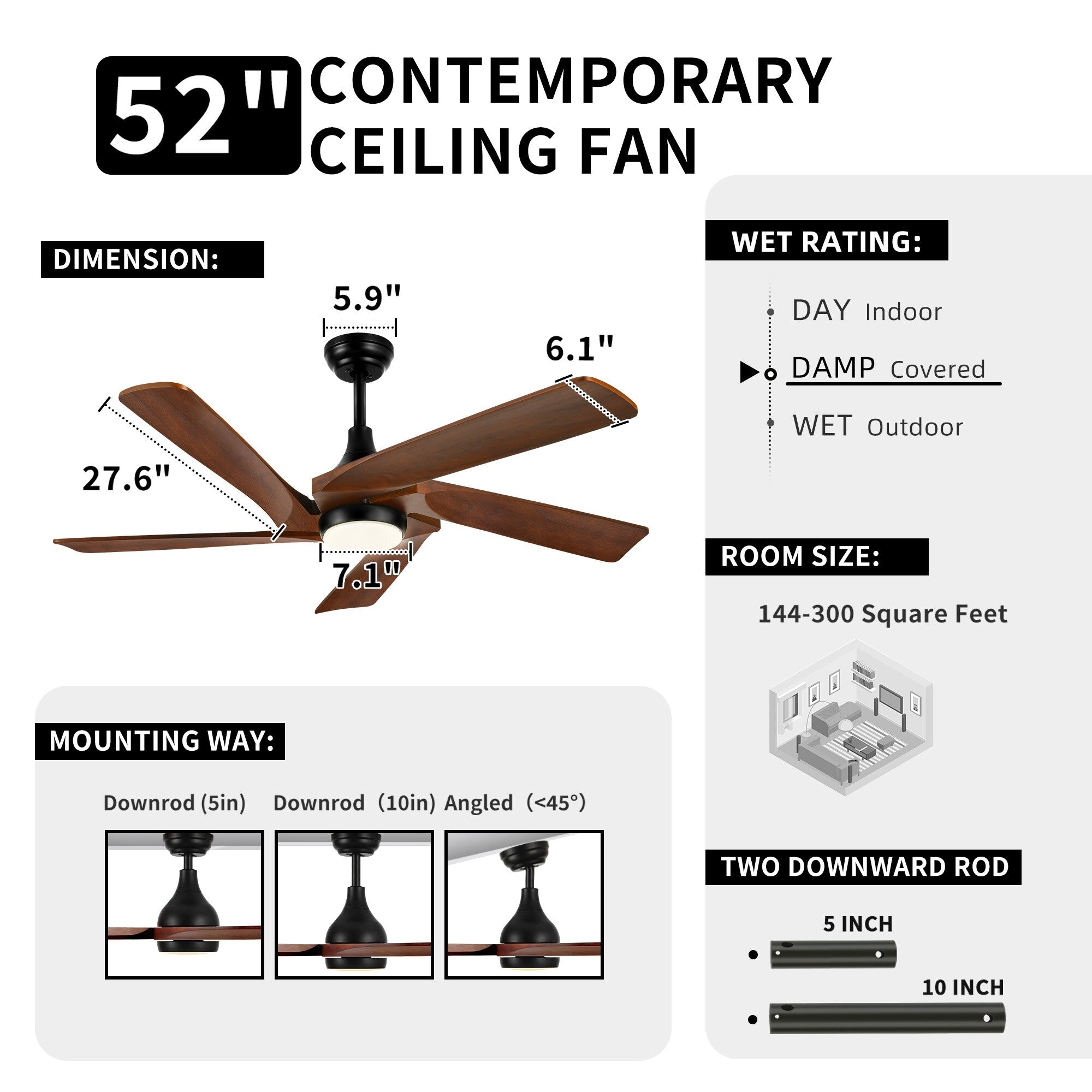 Moasis 52 Modern Remote Control Ceiling Fan with Lights and 5 Solid Wood Blades