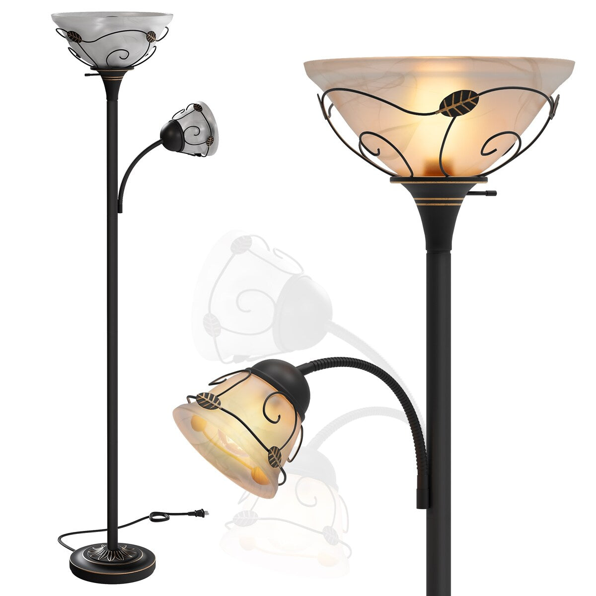 Moasis 71 Traditional Torchiere Floor Lamp with Adjustable Reading Light, Alabaster glass shades - 71H