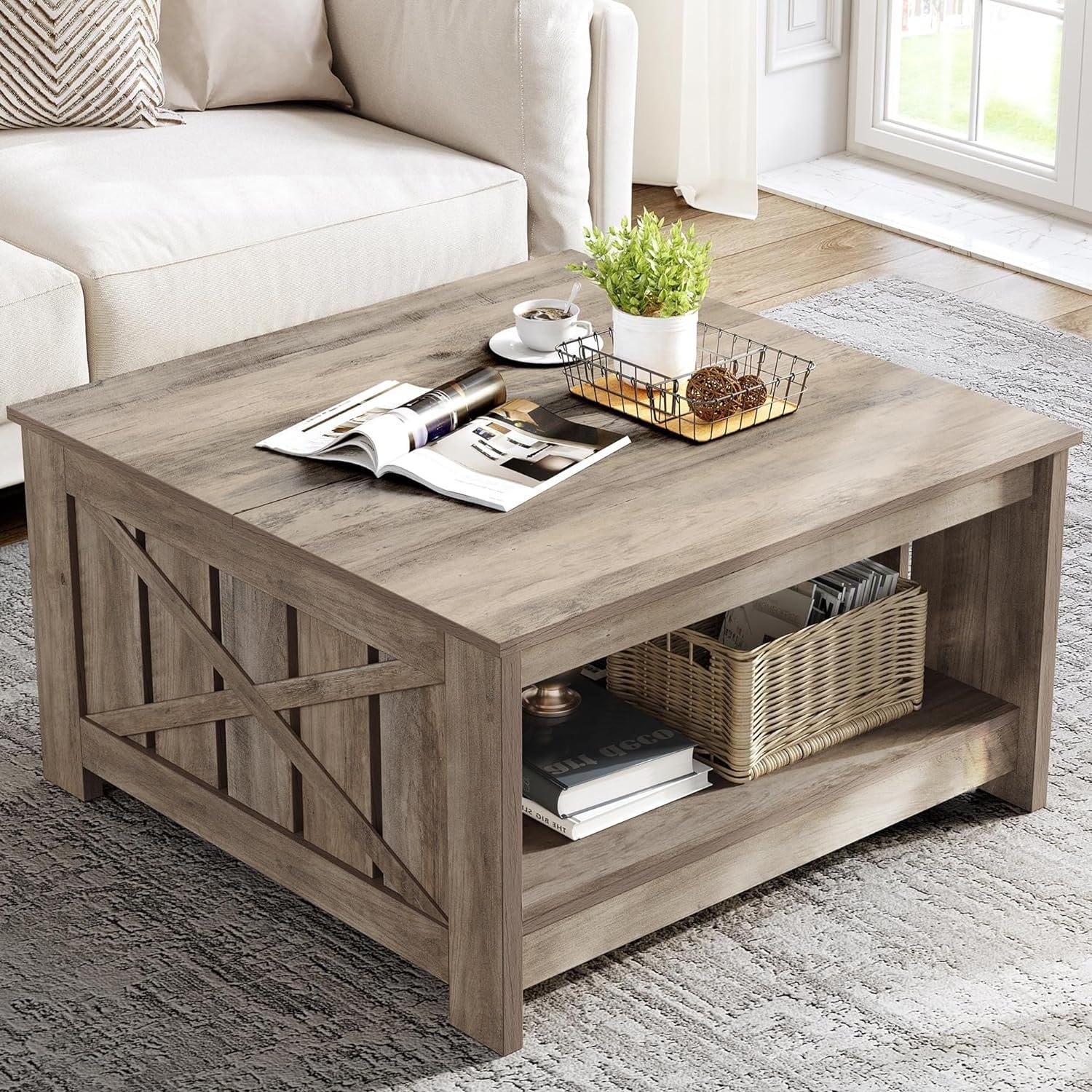 Moasis Farmhouse Coffee Table with Storage for Living Room Square Center Table