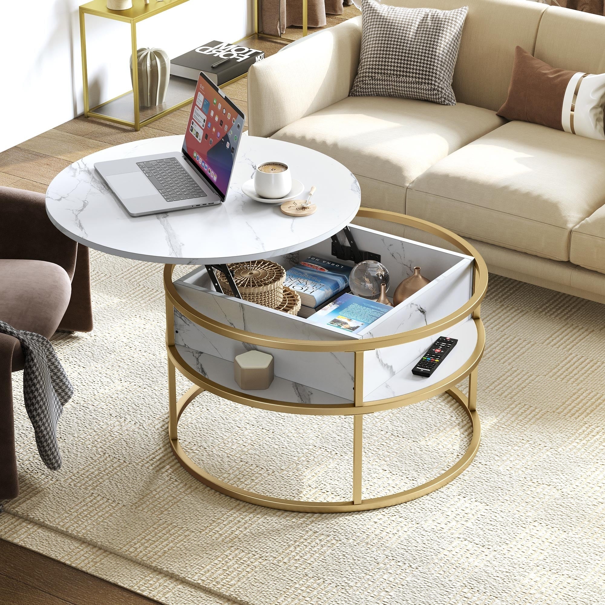 Moasis Round Lift Top Coffee Table with Hidden Storage