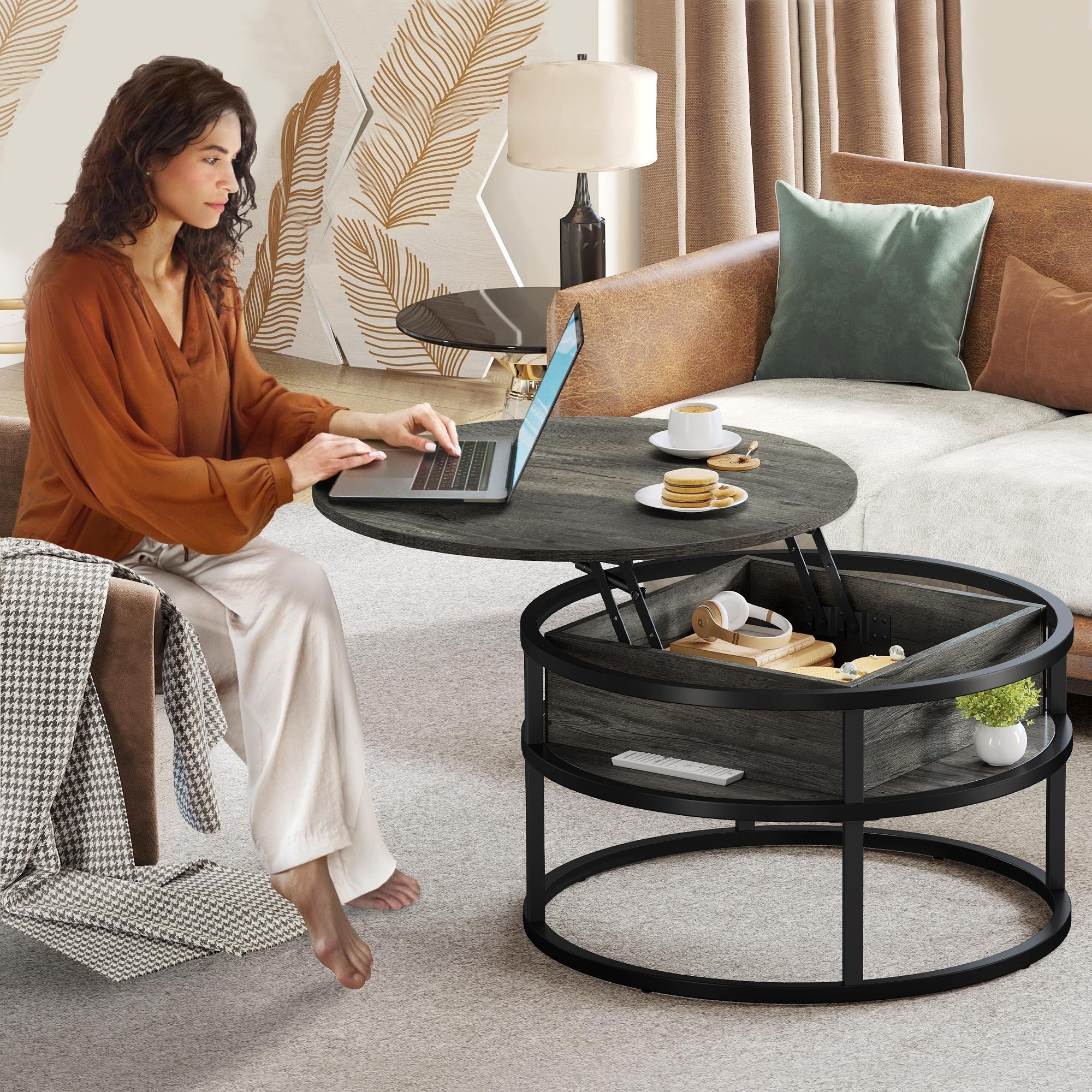 Moasis Round Lift Top Coffee Table with Hidden Storage