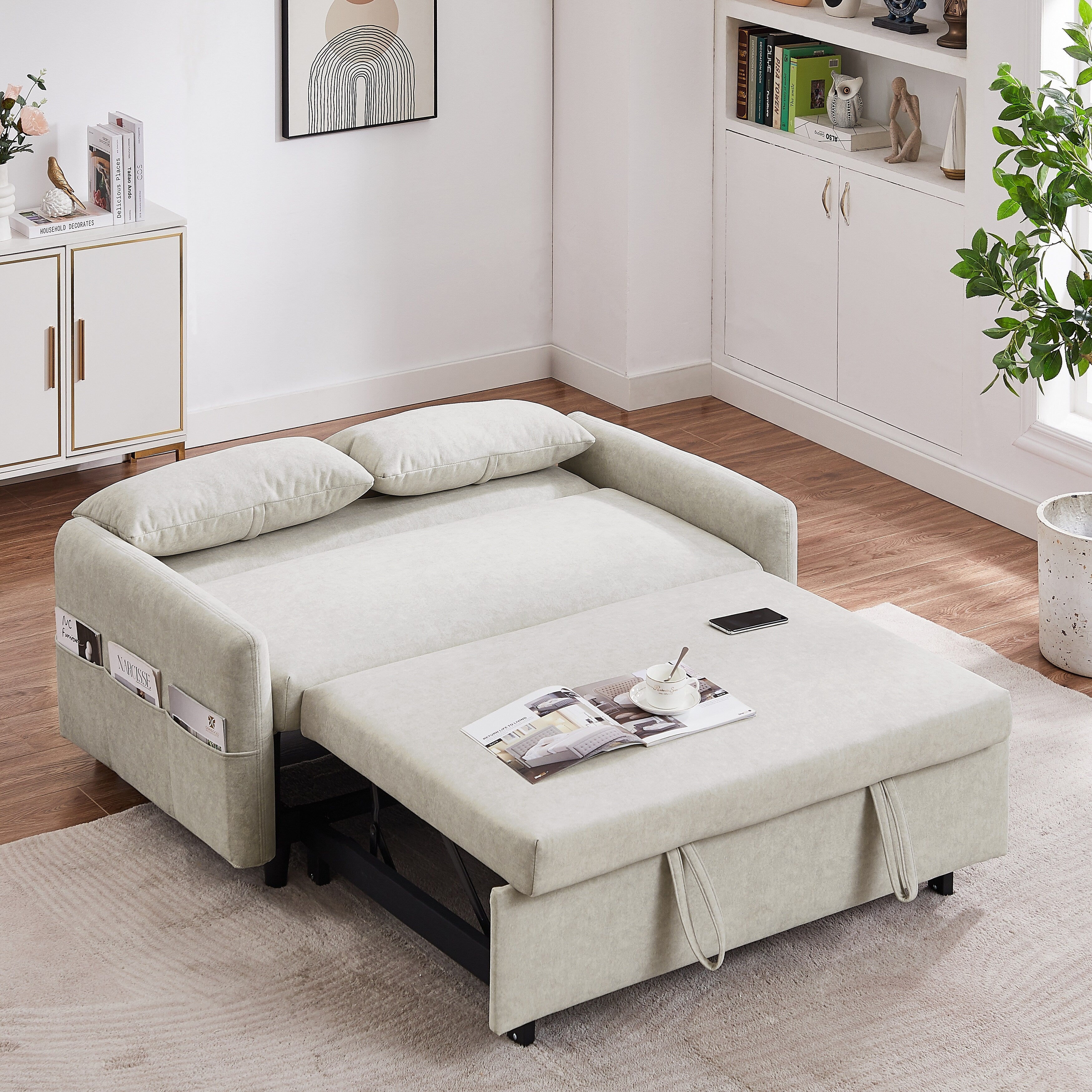 Modern 2 Seat Couch, Microfiber Pull Out Sleep Sofa Bed wih Adjsutable Backrest, Storage Pockets, 2 Soft Pillows, USB Ports