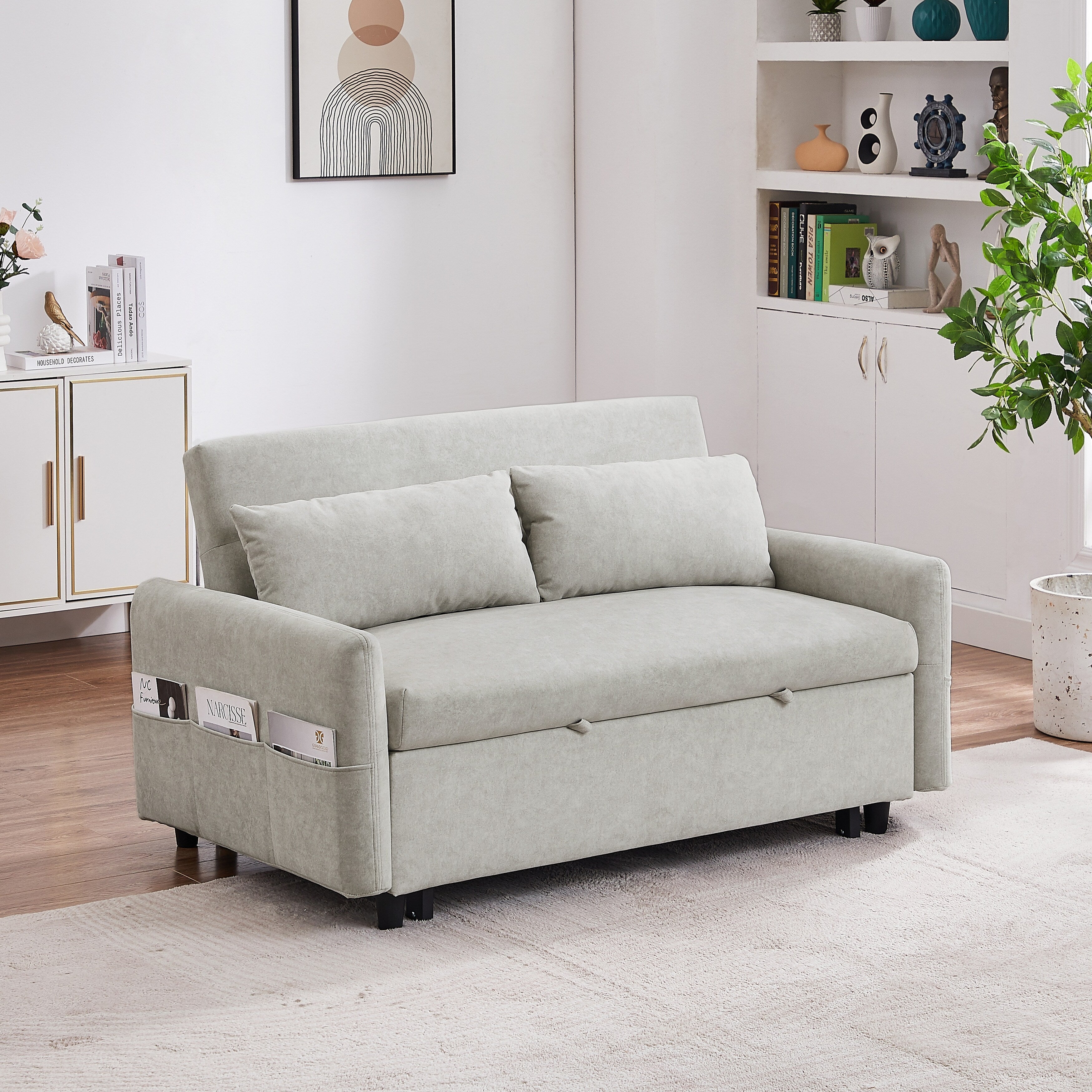Modern 2 Seat Couch, Microfiber Pull Out Sleep Sofa Bed wih Adjsutable Backrest, Storage Pockets, 2 Soft Pillows, USB Ports