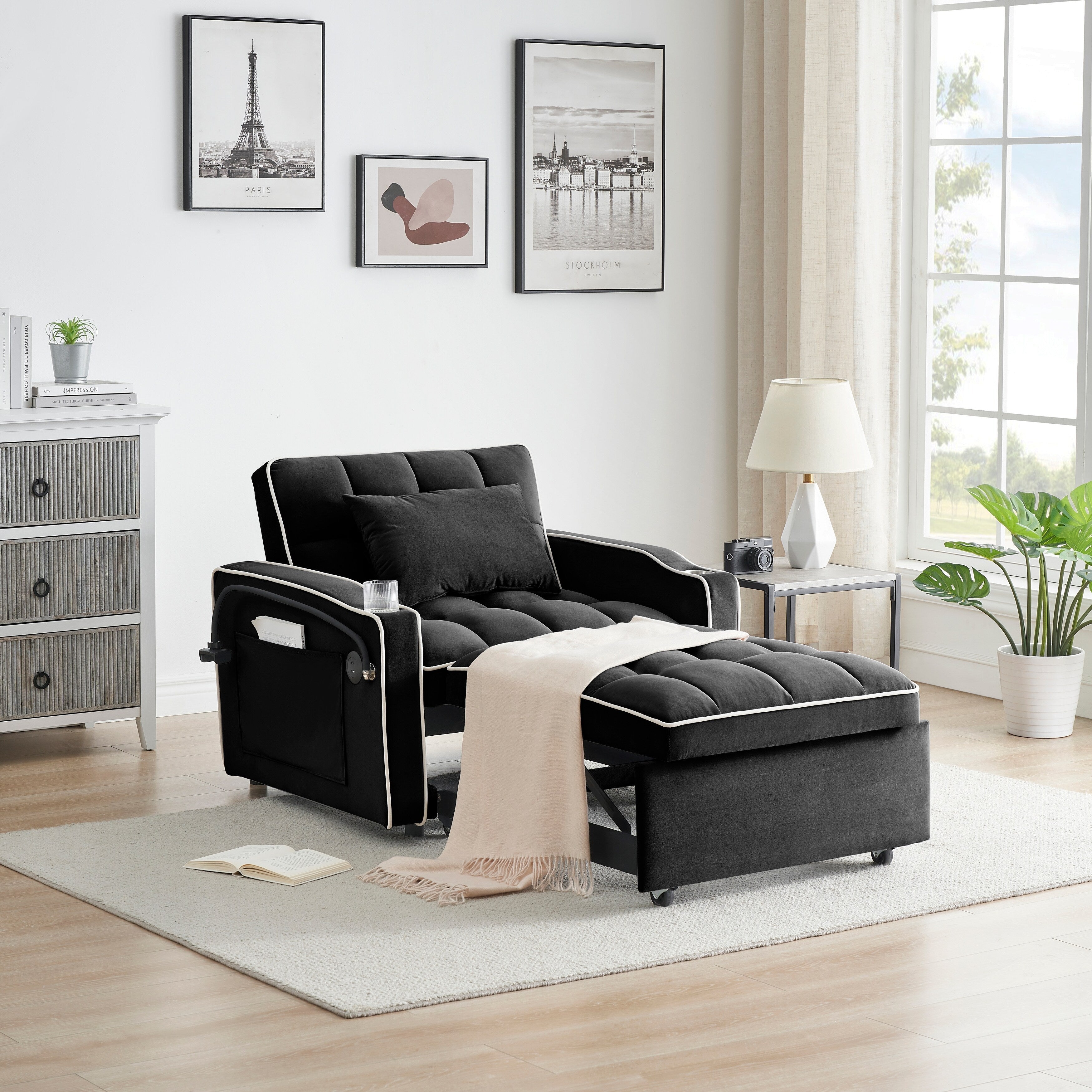 Modern 70.86 3 in 1 Single Convertible Sofa Bed with Adjustable Back and USB Charging Port for Living Room
