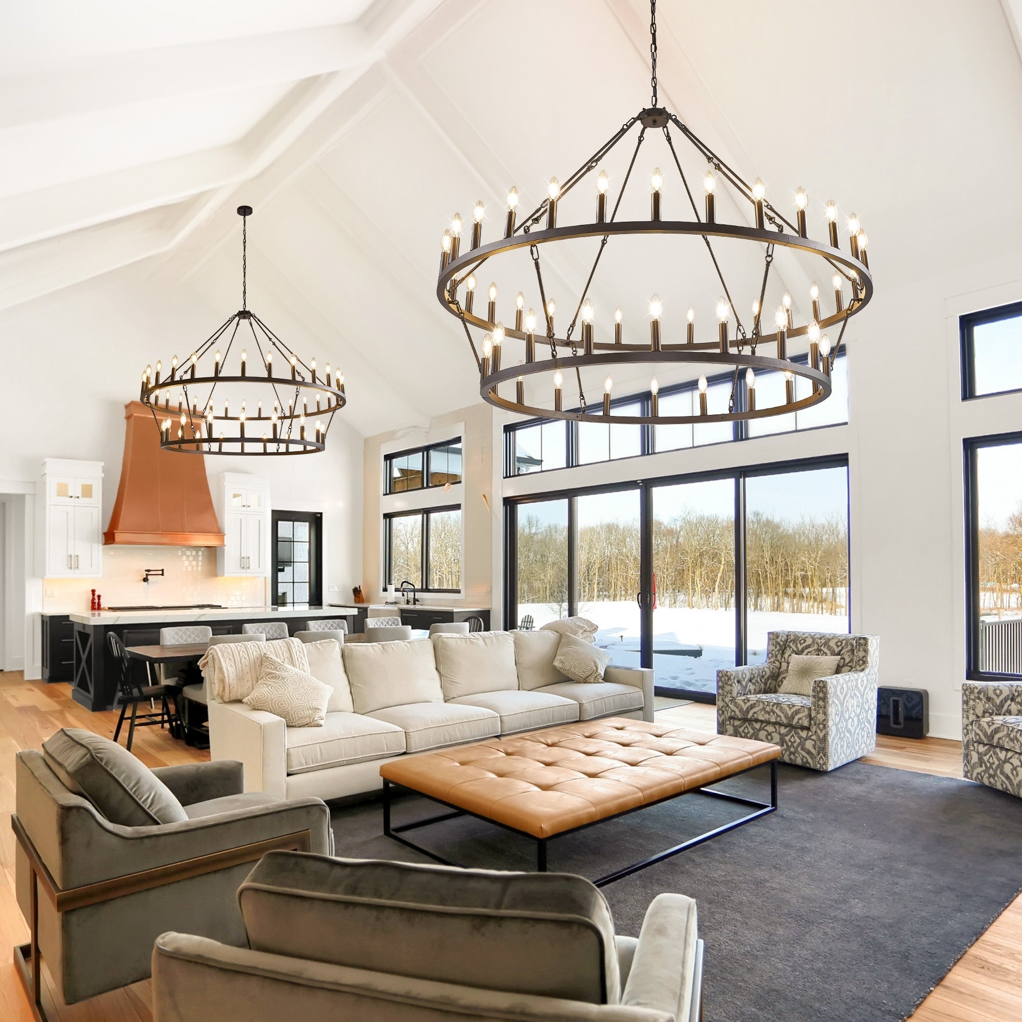 Lustre de ferme moderne à 2 niveaux, lustre rond en forme de roue de chariot, grand plafonnier haut.