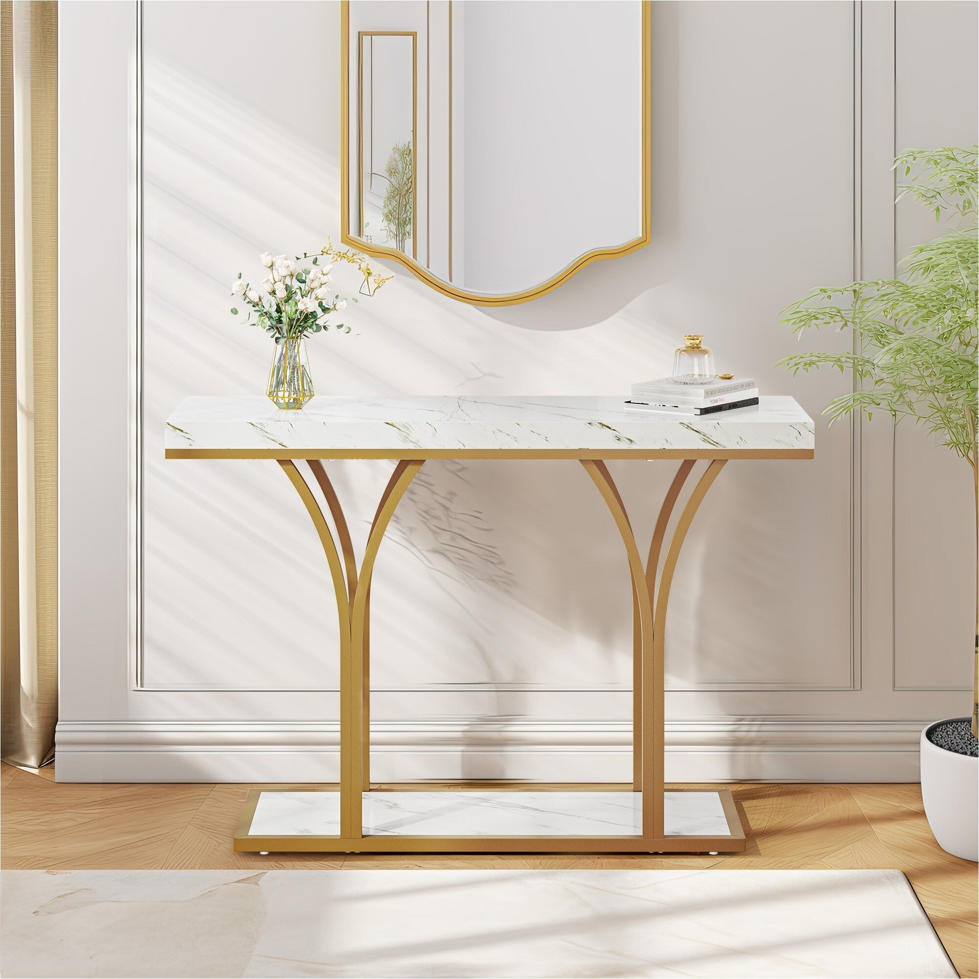 Modern Gold Console Sofa Table with Marbling Top for Entryway Hallway
