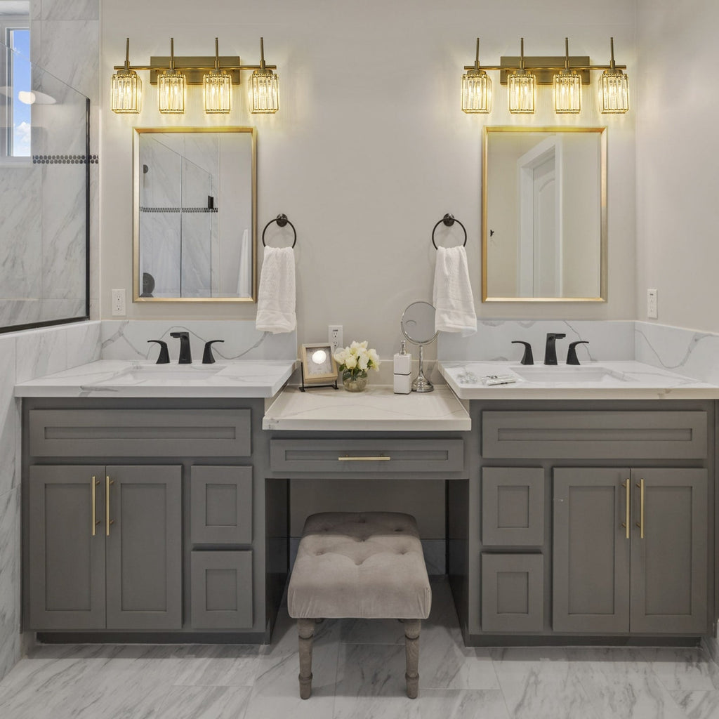 Applique murale moderne dorée à intensité variable, style cylindre glamour pour salle de bain, en cristal, pour meuble-lavabo