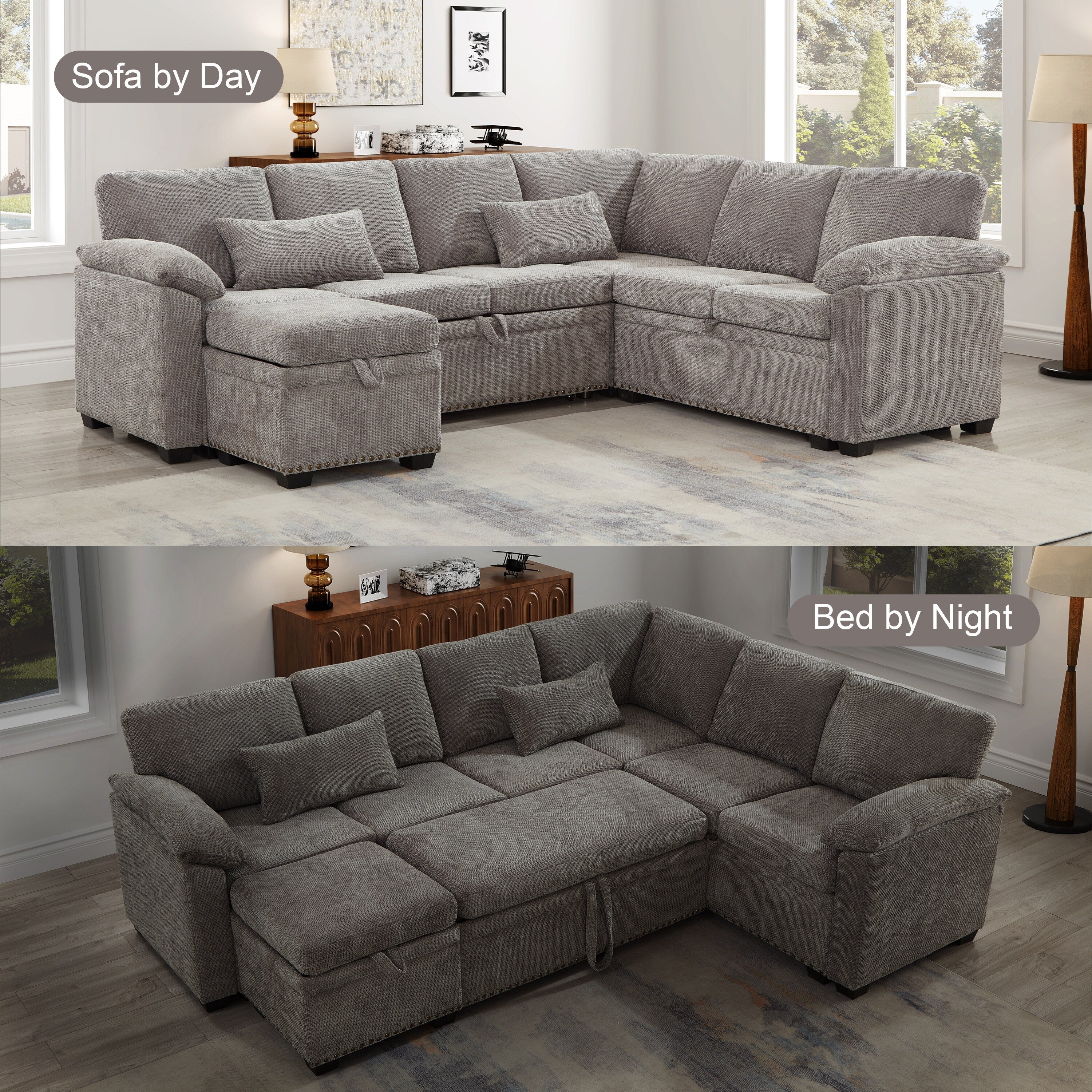 Modern L-Shaped Chenille Sectional Sofa with Pull-Out Sleeper, Storage Seats, Ottoman and 2 Pillows for Living Room