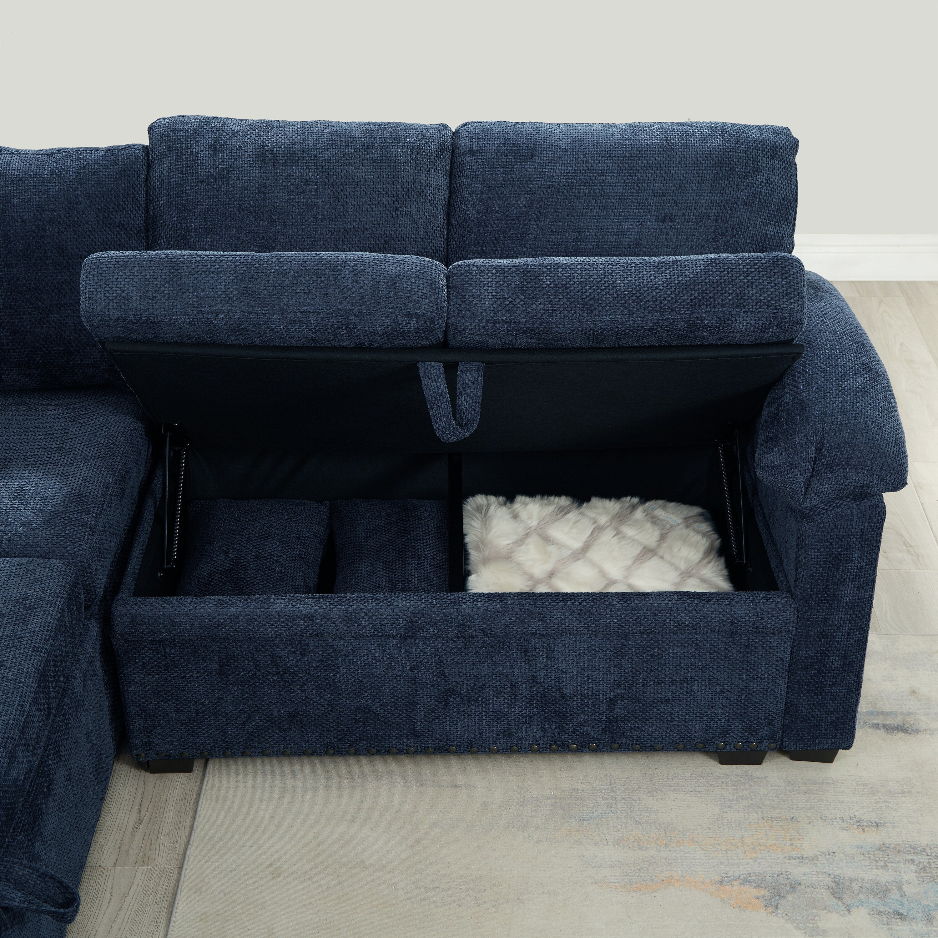 Modern L-Shaped Chenille Sectional Sofa with Pull-Out Sleeper, Storage Seats, Ottoman and 2 Pillows for Living Room