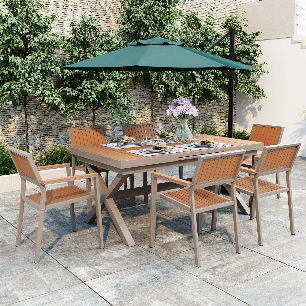 Modern Outdoor 7-piece Dining Set with Six Chairs and a Extendable Table for Patio