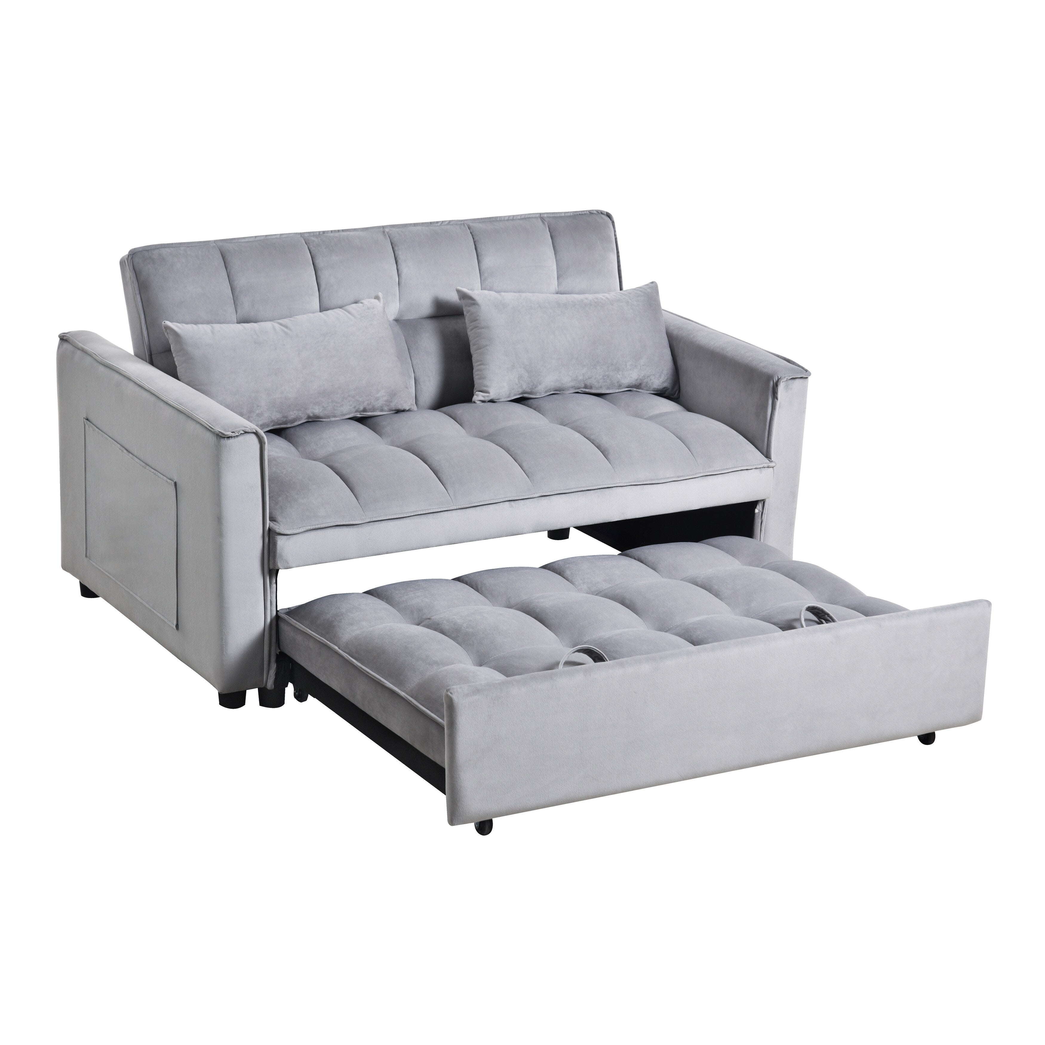 Modern Pull-Out Couch Bed, 3-in-1 Sleeper Sofa with Adjustable Backrest, Velvet Loveseat, Pillows & Side Pockets