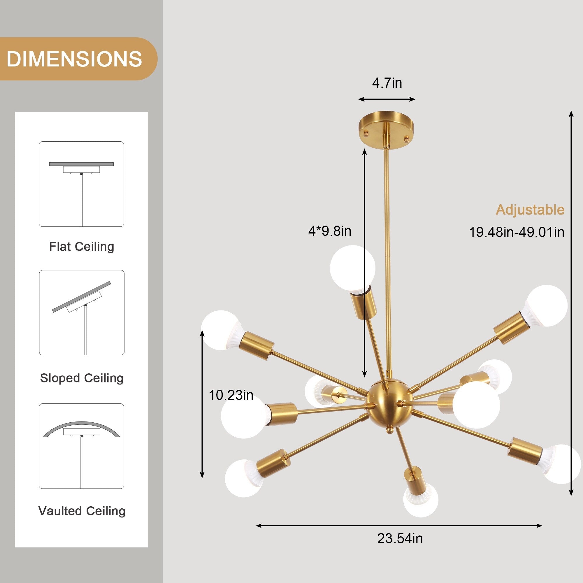 Modern Sputnik Chandelier 10-Light Adjustable Ceiling Light Fixture for Kitchen Dining Room Living Room Bedroom - N/A