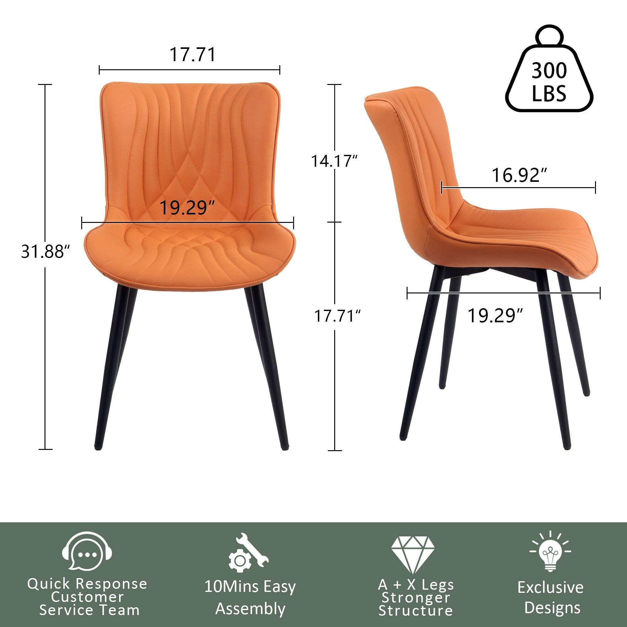 Lot de 2 chaises de salle à manger modernes en cuir rembourré sans accoudoirs