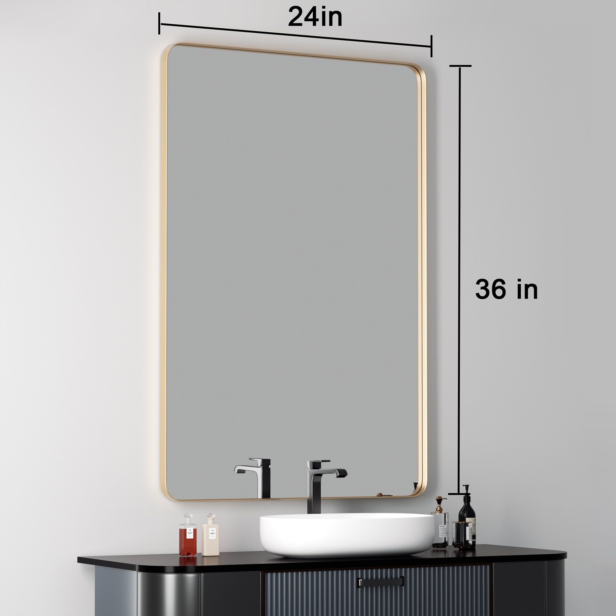 Miroir mural moderne, miroir rectangulaire avec cadre en métal, miroir de salle de bain avec miroir de courtoisie d'angle rond pour vertical/horizontal