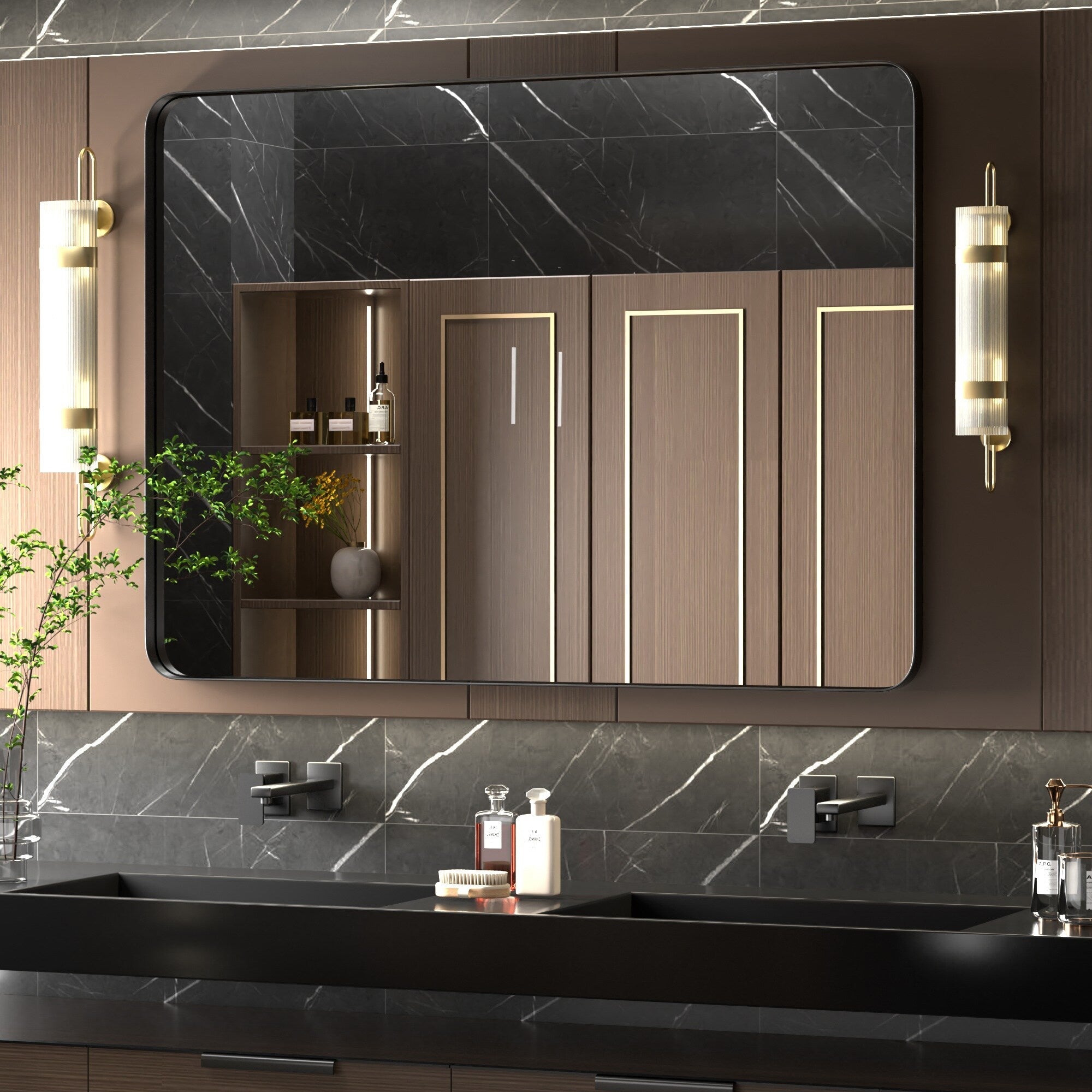 Miroir mural moderne, miroir rectangulaire avec cadre en métal, miroir de salle de bain avec miroir de courtoisie d'angle rond pour vertical/horizontal