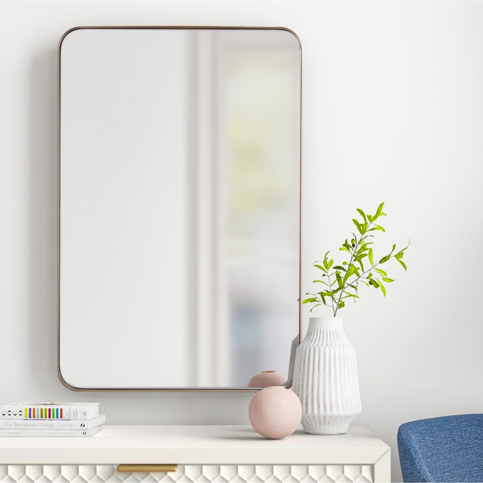 Miroir mural moderne, miroir rectangulaire avec cadre en métal, miroir de salle de bain avec miroir de courtoisie d'angle rond pour vertical/horizontal