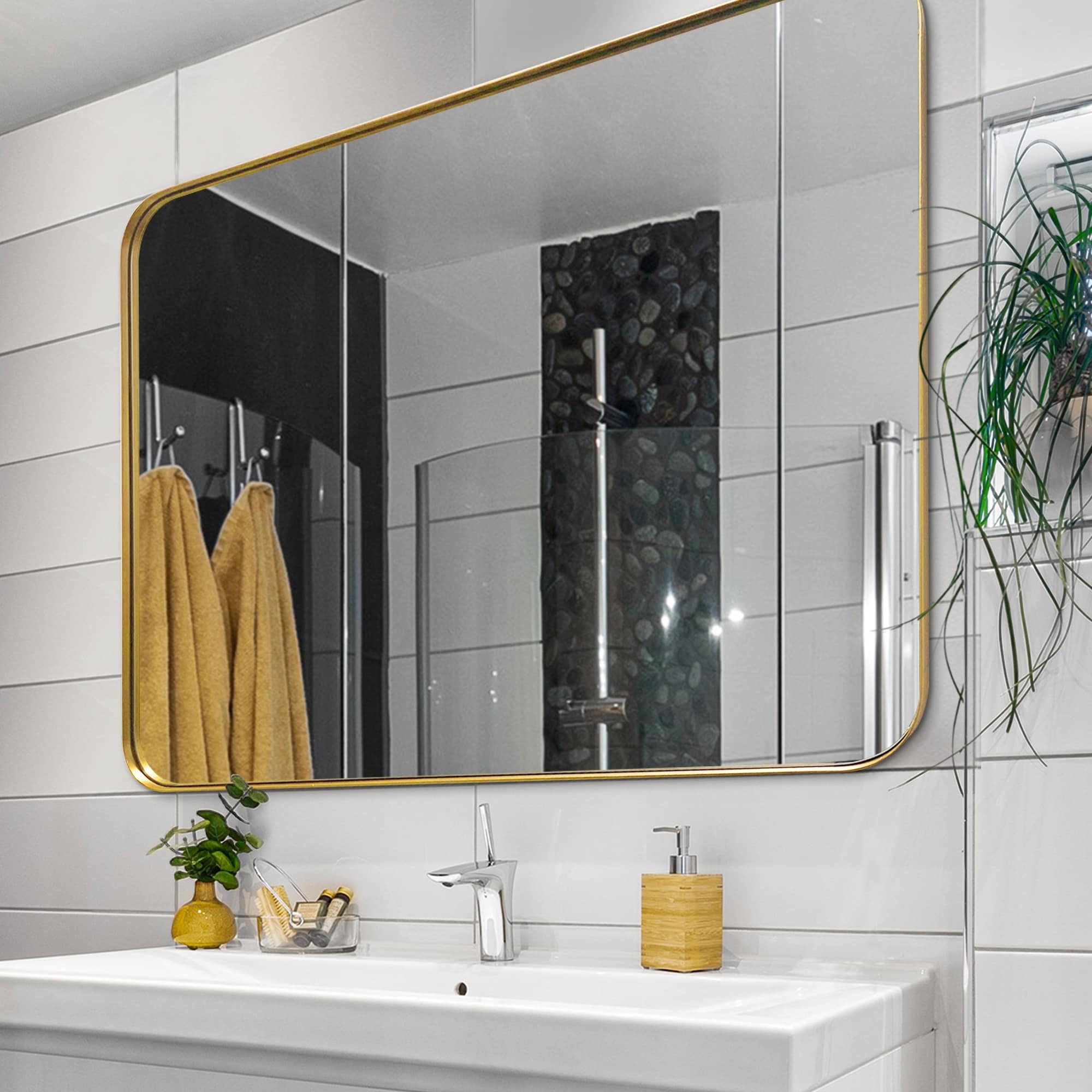 Miroir mural moderne, miroir rectangulaire avec cadre en métal, miroir de salle de bain avec miroir de courtoisie d'angle rond pour vertical/horizontal