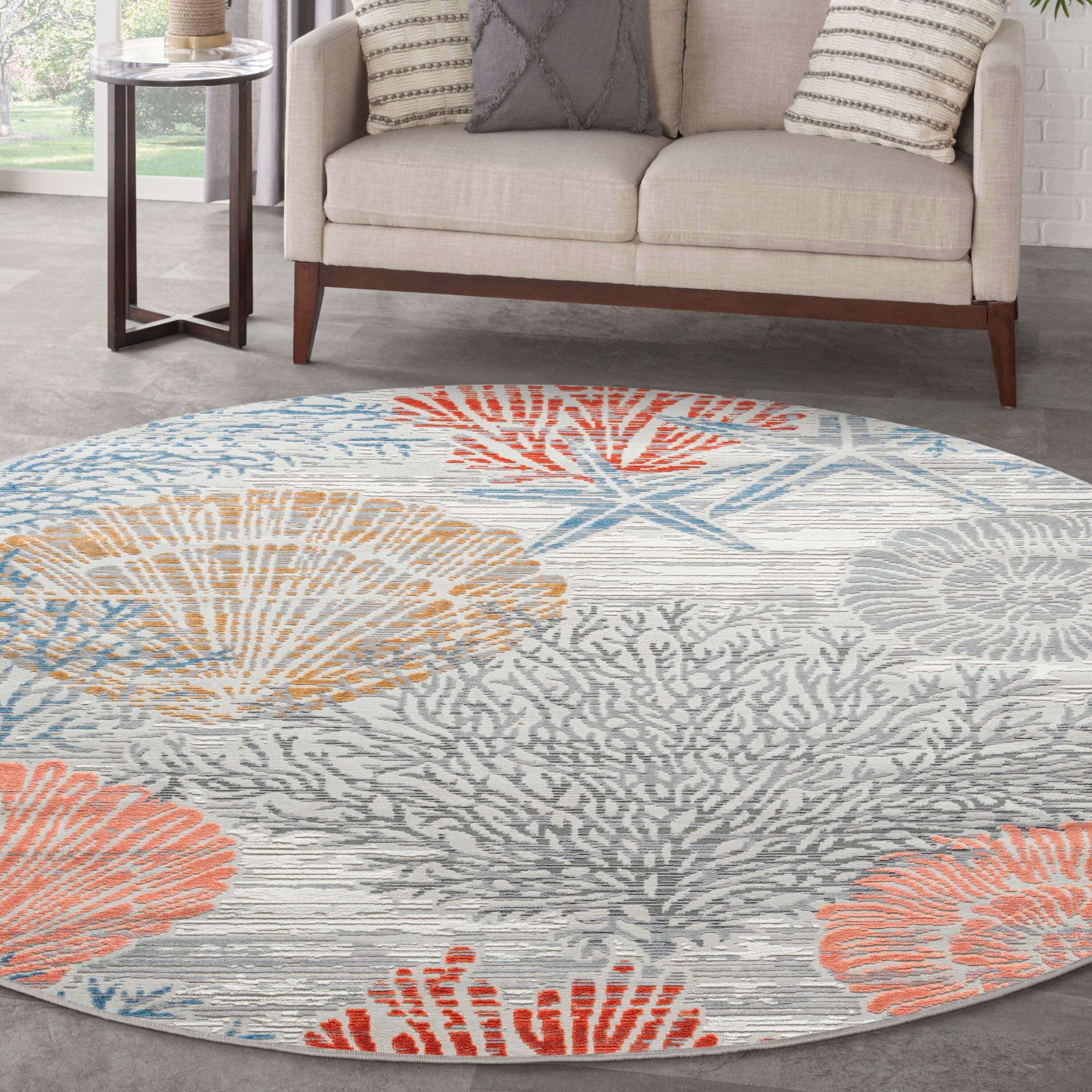 Tapis Nourison Pompéi, motif coquillages et coraux, idéal pour la plage côtière