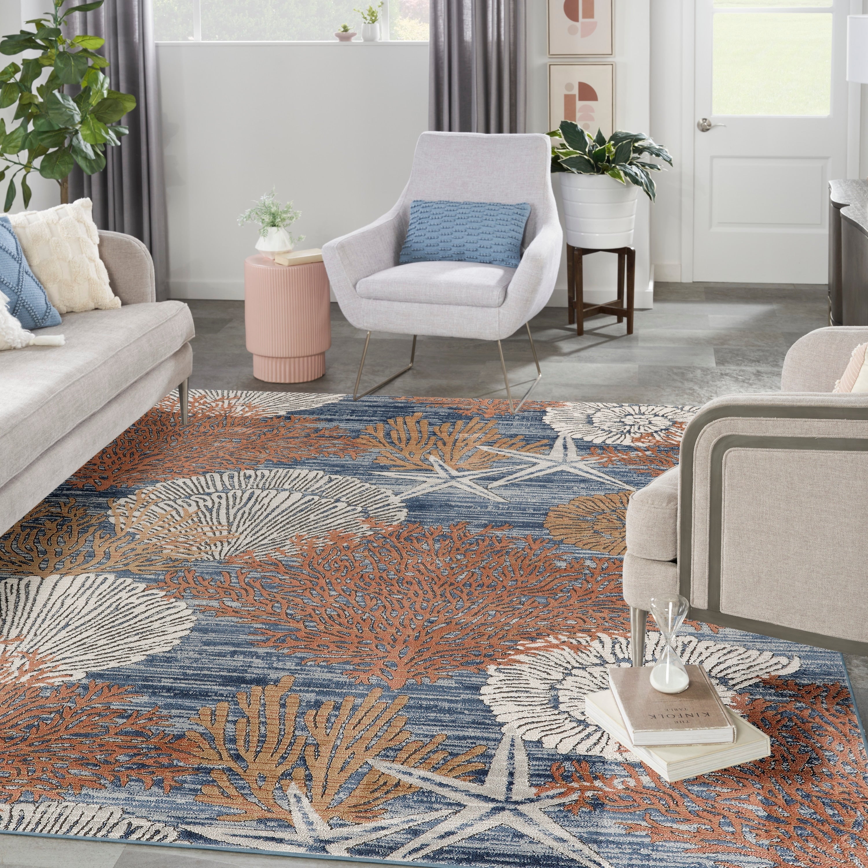 Tapis Nourison Pompéi, motif coquillages et coraux, idéal pour la plage côtière