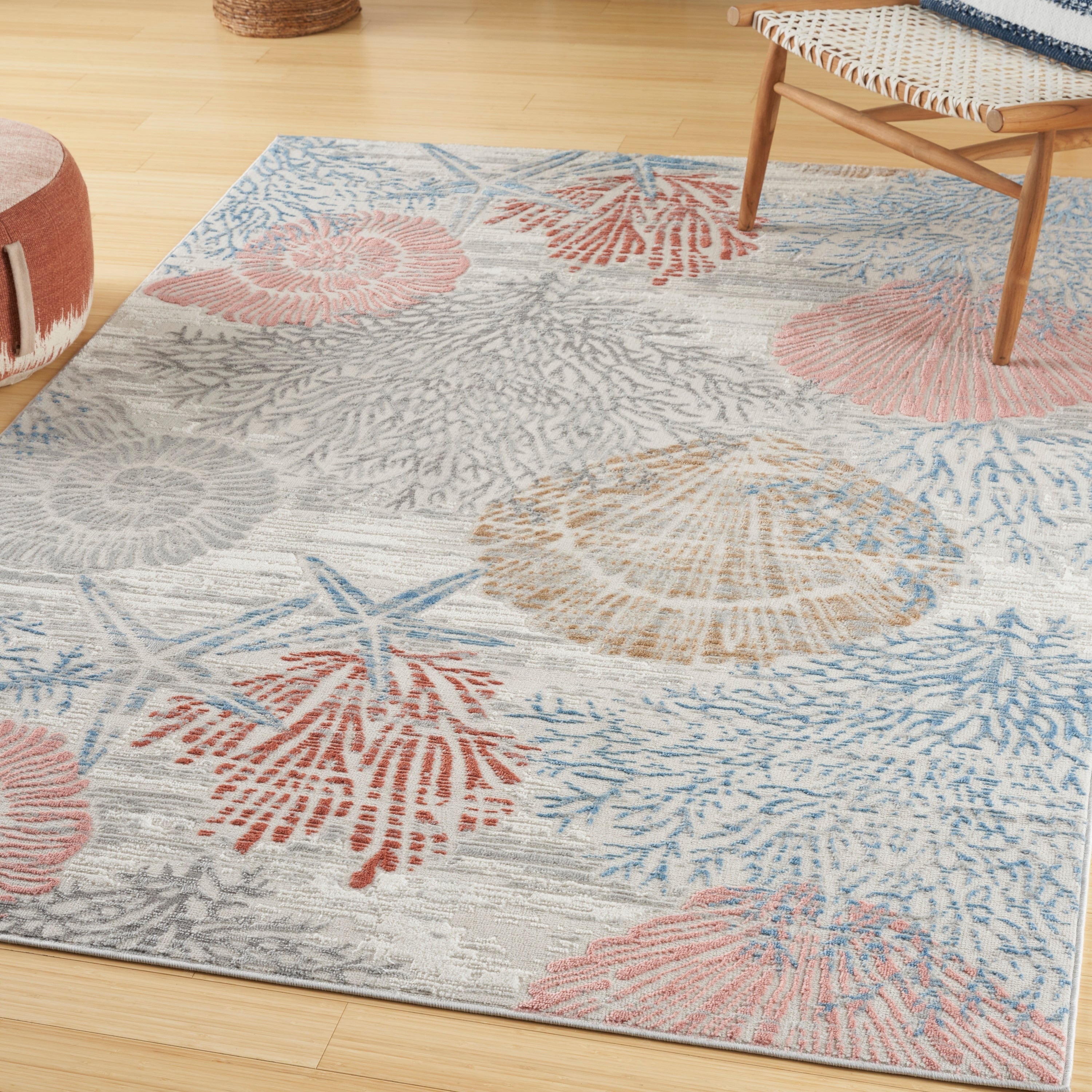 Tapis Nourison Pompéi, motif coquillages et coraux, idéal pour la plage côtière
