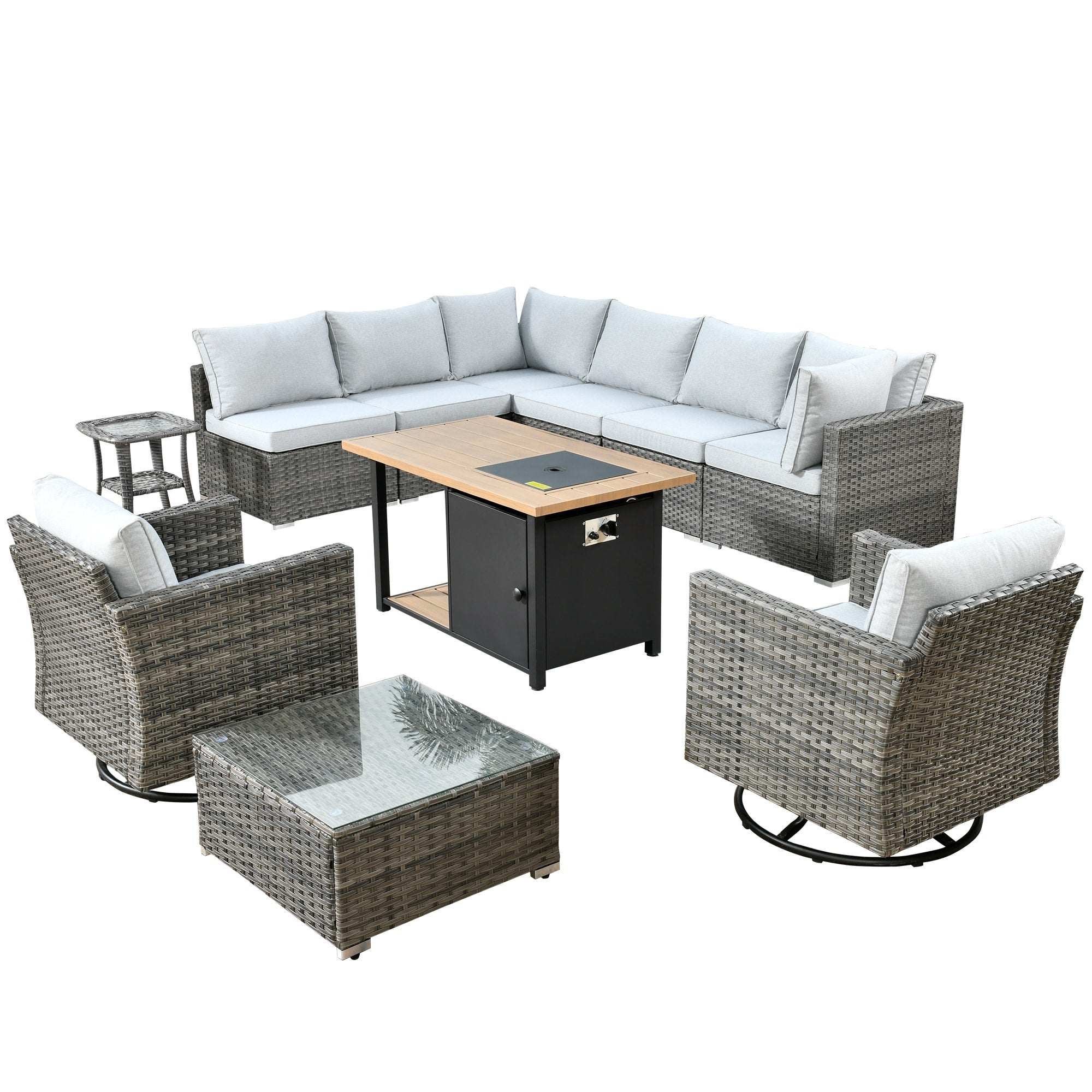 OVIOS Deep Seat Wicker 11-piece Sectional Set Swivel Chairs Fire Pit