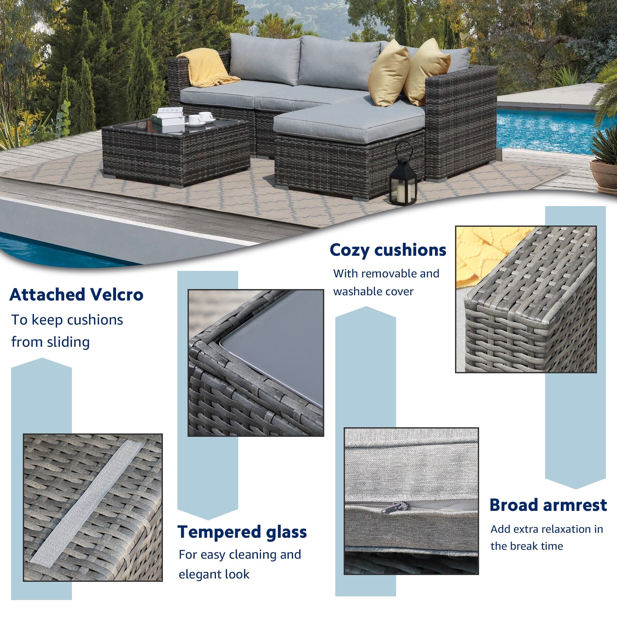 Ensemble de canapés d'extérieur sectionnels en osier 5 pièces avec coussins