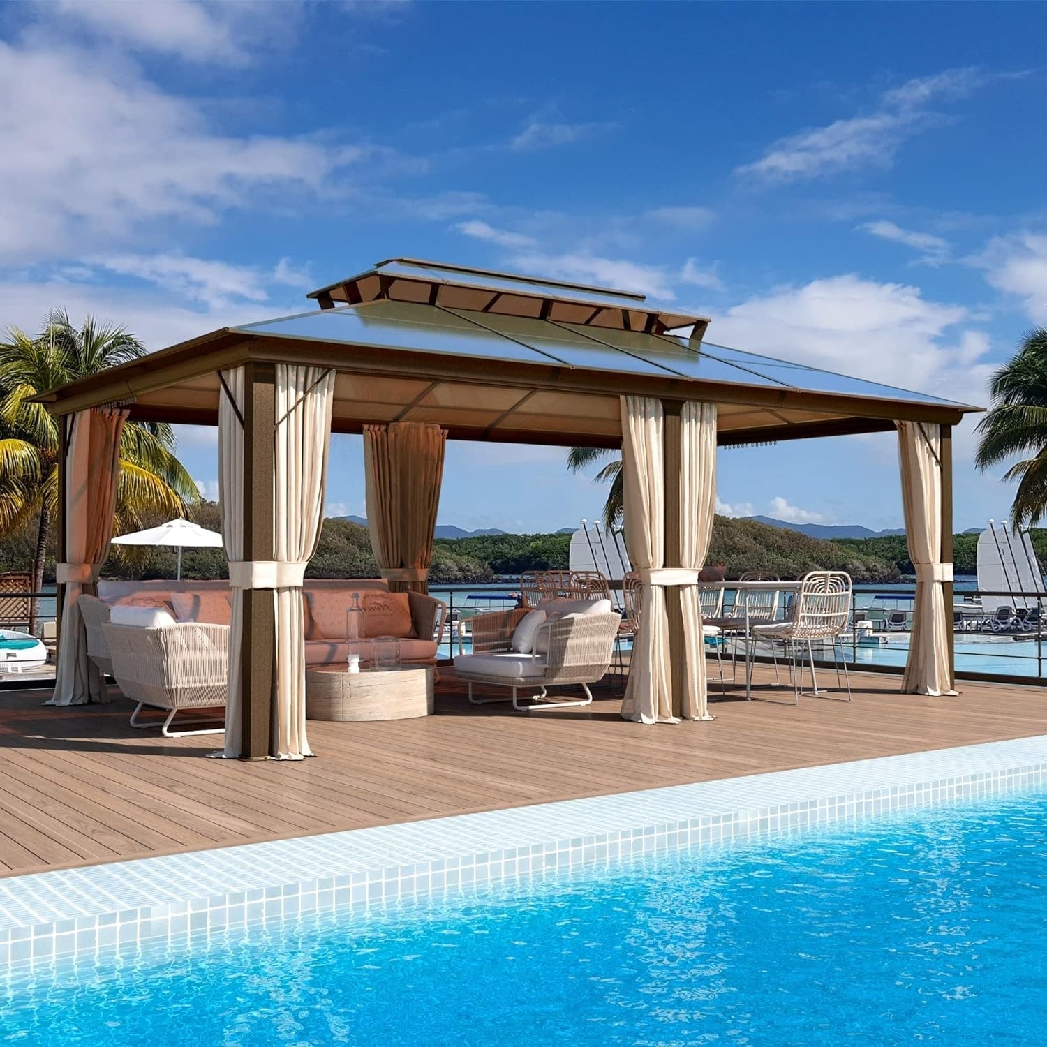 Gazebo à toit rigide EROMMY, pergola d'extérieur avec double toit, filet et rideaux, auvent robuste pour patio, arrière-cour, fête au bord de la piscine