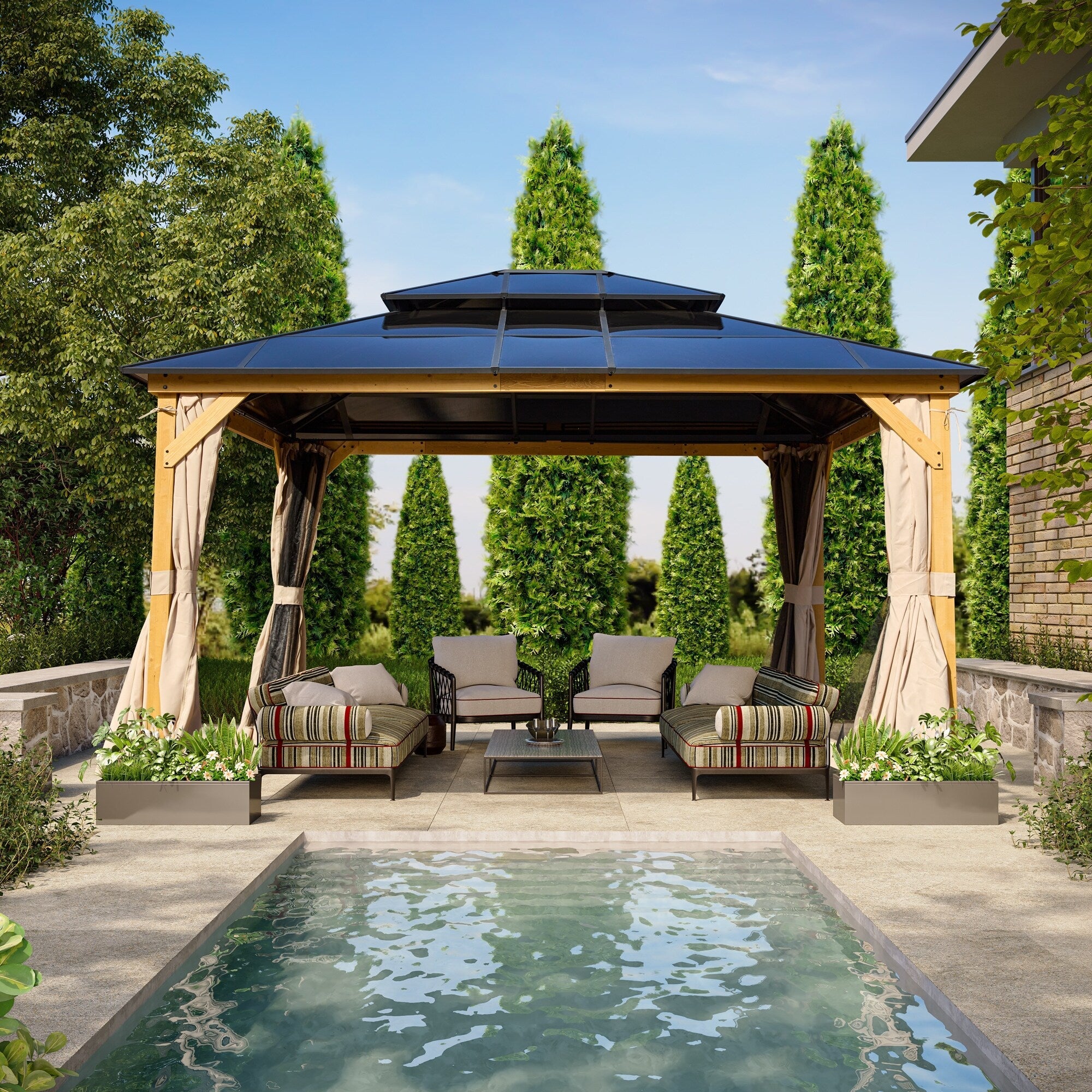 Gazebo à toit rigide EROMMY, pergola d'extérieur avec double toit, filet et rideaux, auvent robuste pour patio, arrière-cour, fête au bord de la piscine