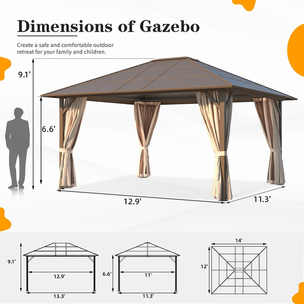 Gazebo à toit rigide EROMMY, pergola d'extérieur avec double toit, filet et rideaux, auvent robuste pour patio, arrière-cour, fête au bord de la piscine