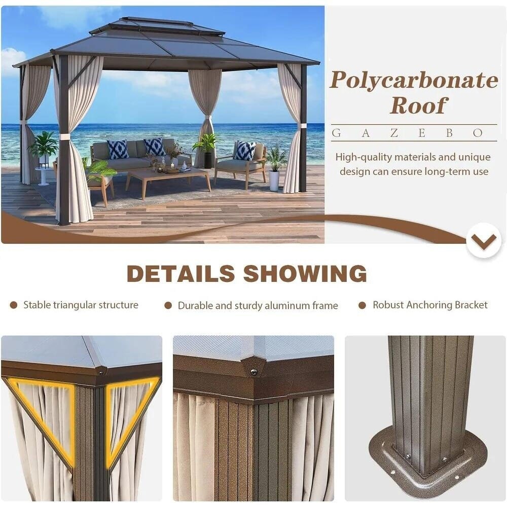 Gazebo à toit rigide EROMMY, pergola d'extérieur avec double toit, filet et rideaux, auvent robuste pour patio, arrière-cour, fête au bord de la piscine