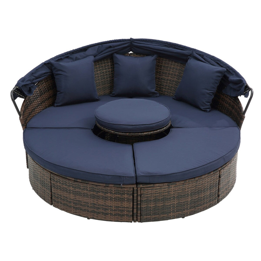 Outdoor Rattan Round Canopy Daybed with Lift Coffee Table, Navy Blue Deep Seating Sofa Bed with Pillows and Washable Cushions
