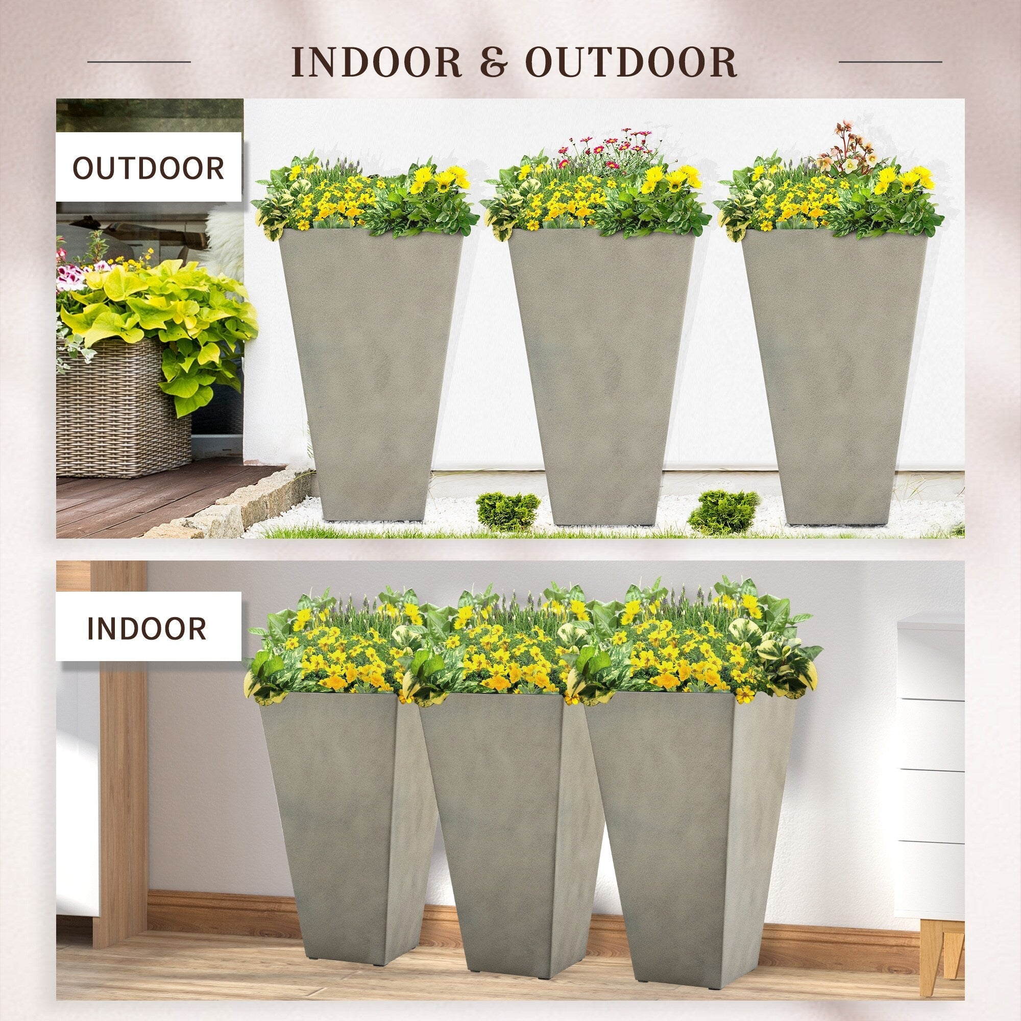 Lot de 3 grands pots de fleurs en plastique Outsunny 28 cm, pour l'intérieur et l'extérieur, pour l'entrée, la terrasse et la cour.