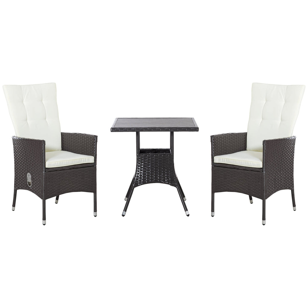 Ensemble de 3 canapés de patio Outsunny en rotin synthétique, chaises inclinables d'extérieur, table basse avec plateau en plastique grain de bois
