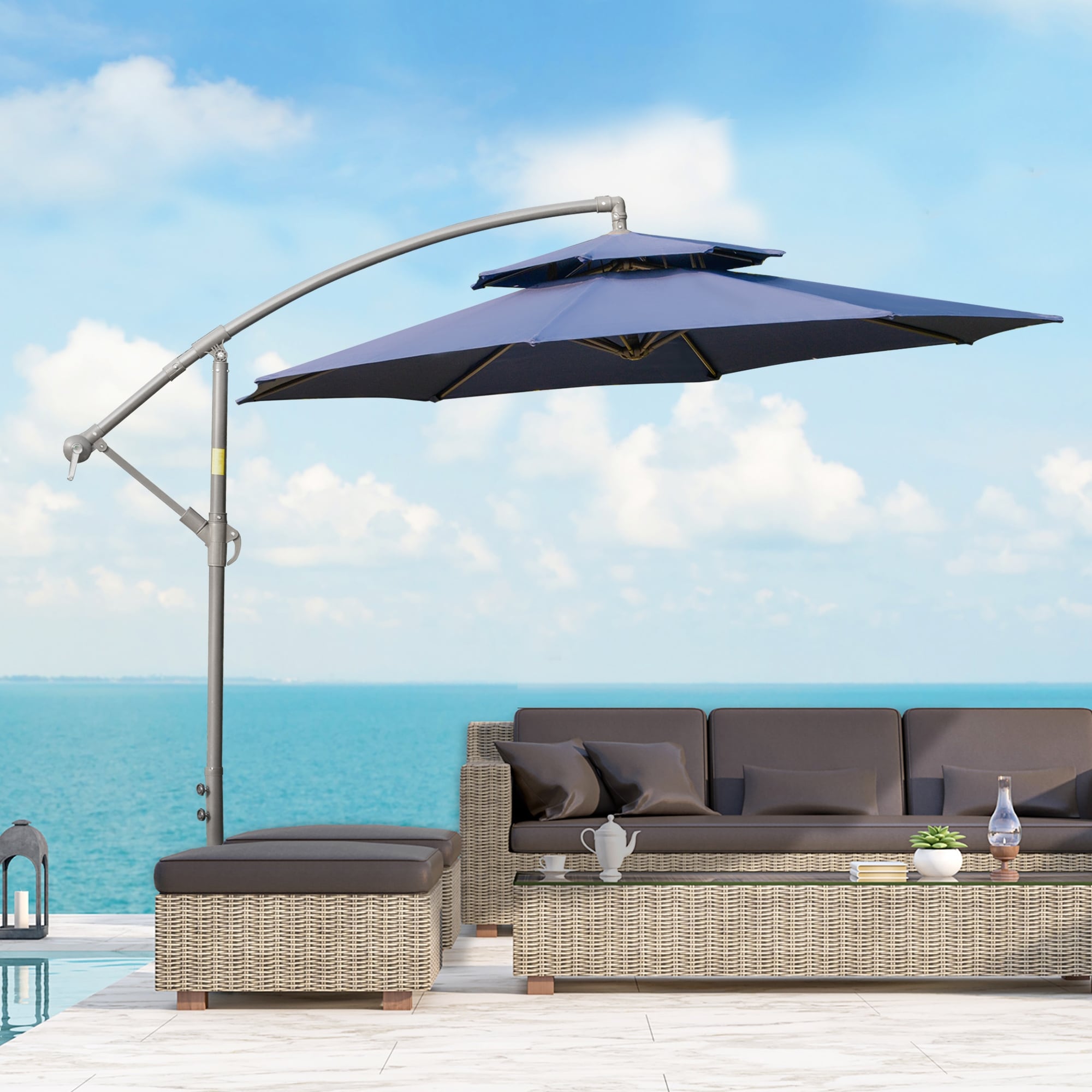 Outsunny 9' 2-Tier Cantilever Umbrella with Crank Handle, Cross Base and 8 Ribs, Garden Patio Offset Umbrella