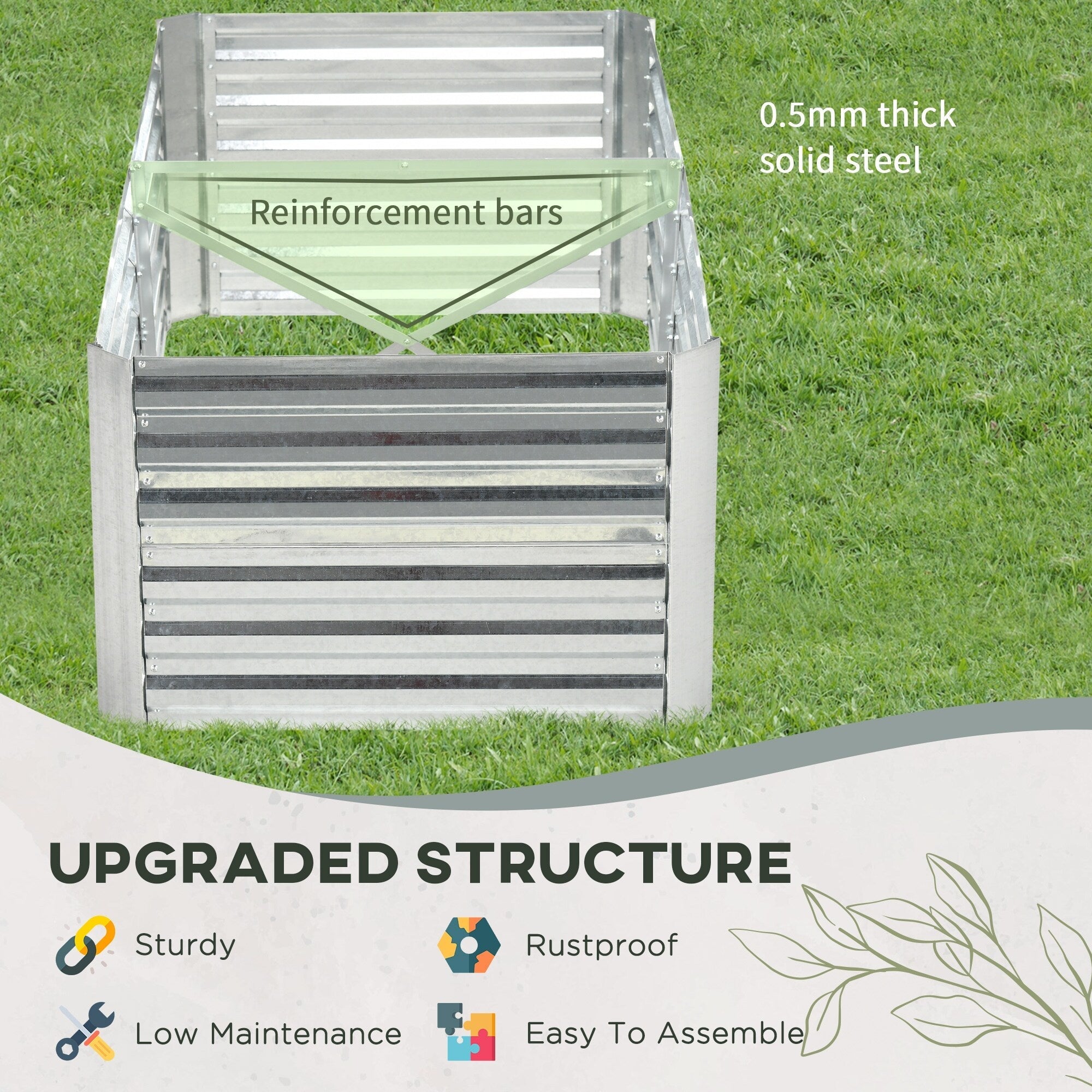 Outsunny Raised Garden Bed, 71 x 36 x 23 Galvanized Steel Planters for Outdoor Plants with Reinforced Rods