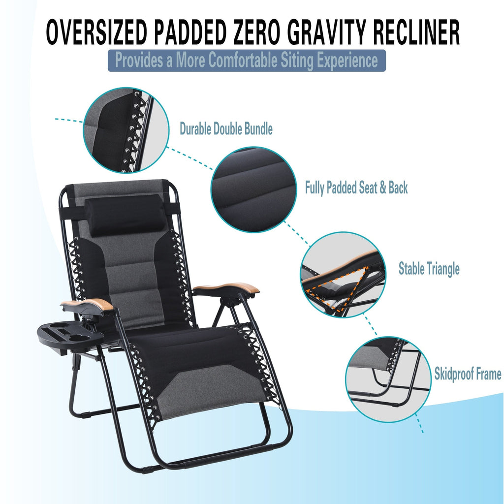 Oversize XL Padded Zero Gravity Lounge Chair Wider Armrest Adjustable Recliner with Cup Holder - N/A
