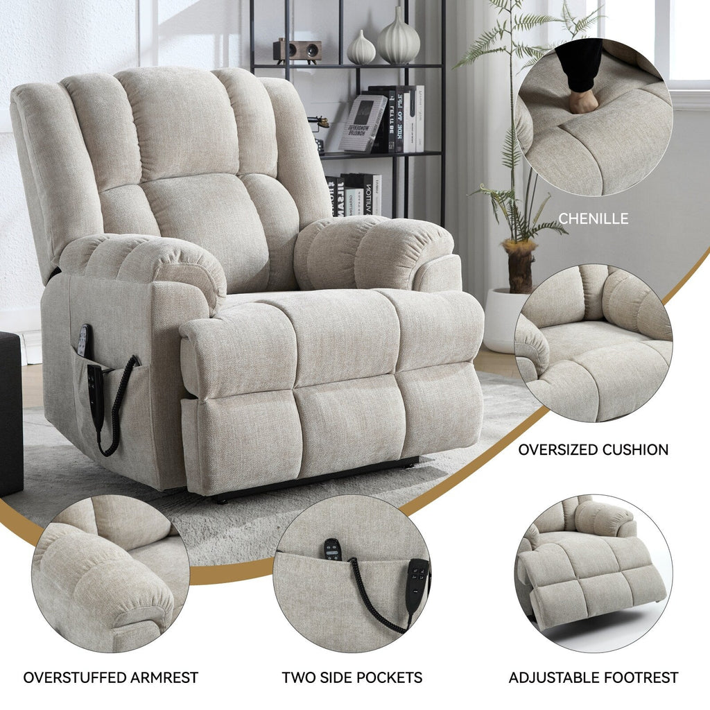 Oversized Chenille Power Lift Recliner Chair with Massage and Lumbar Heating, Infinite Position Reclining