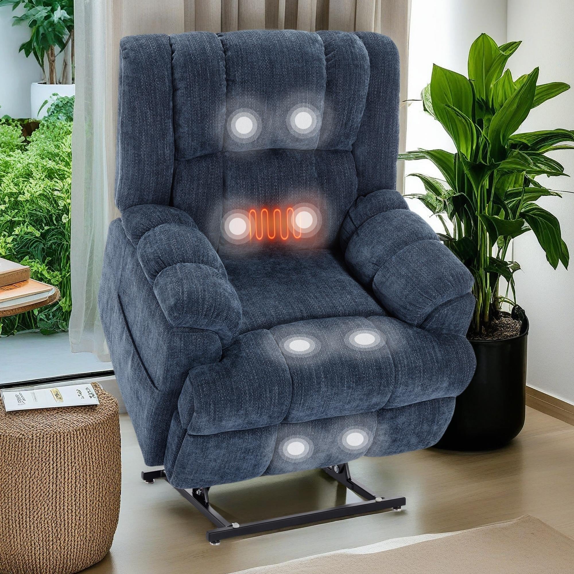 Oversized Chenille Power Lift Recliner Chair with Massage and Lumbar Heating, Infinite Position Reclining